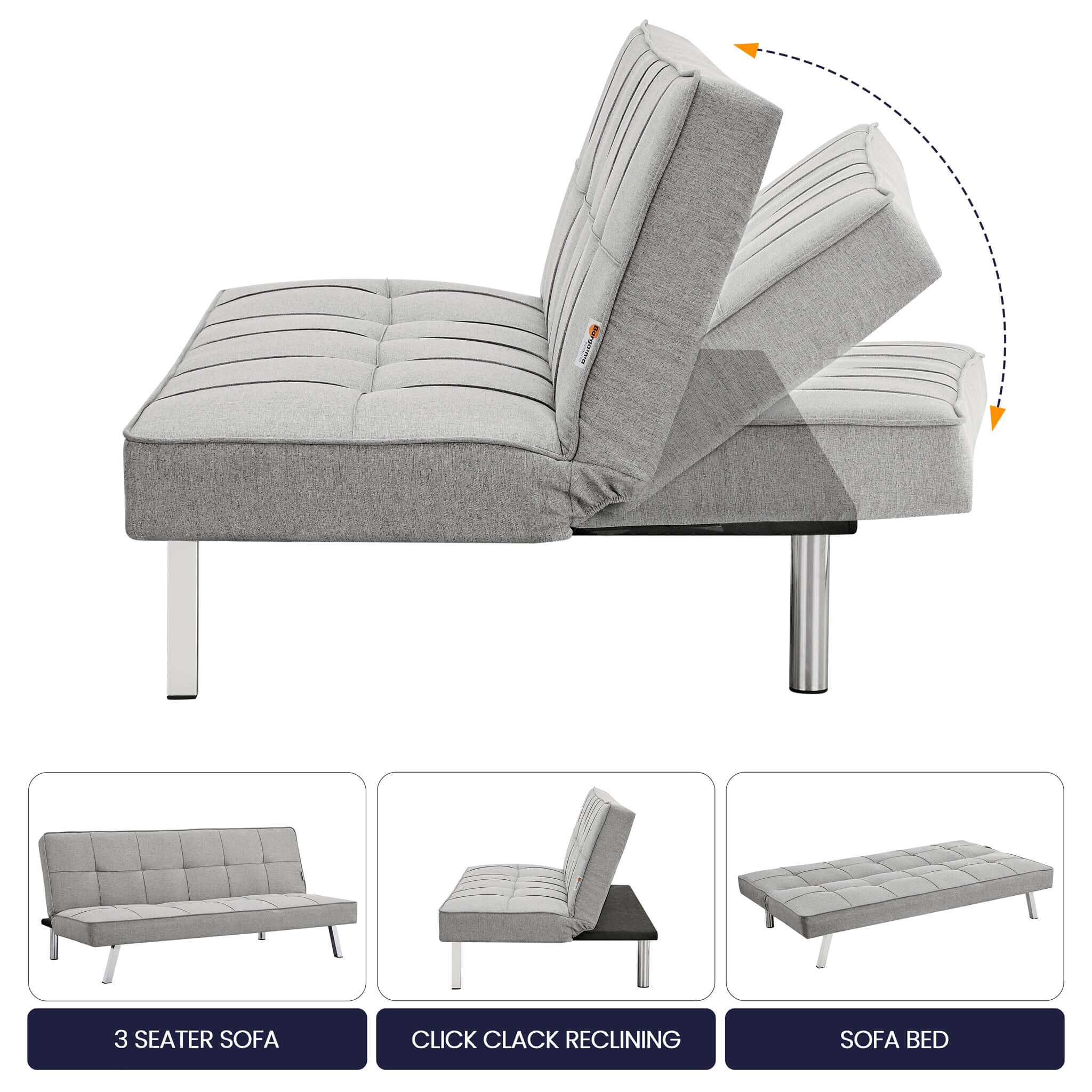 Grey Click Clack 3 Seater Sofa Bed - Britney Bargainia