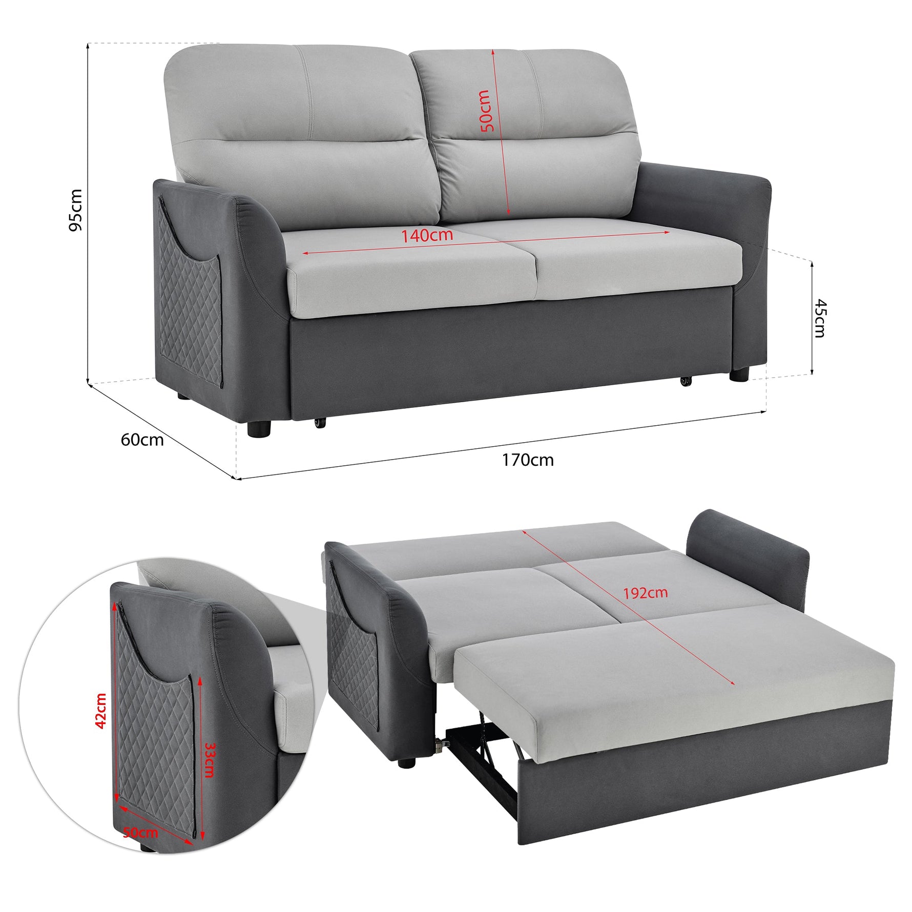 Grey Faux Suede Sofa Bed Pull Out Two Seater - Rhona - Bargainia.com - 