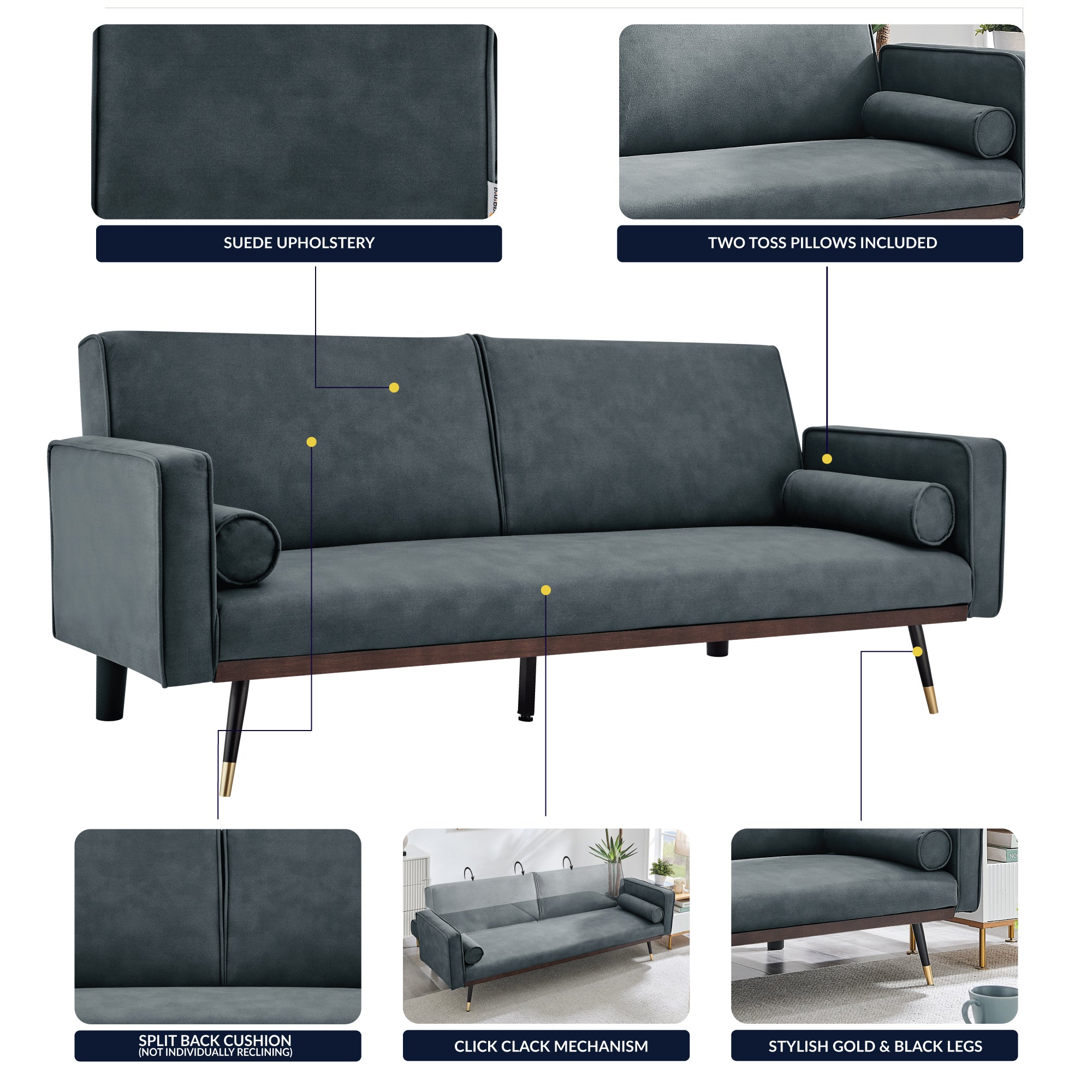 Grey Sofa Bed 3 Seater Faux Suede Click Clack - Jenna Bargainia