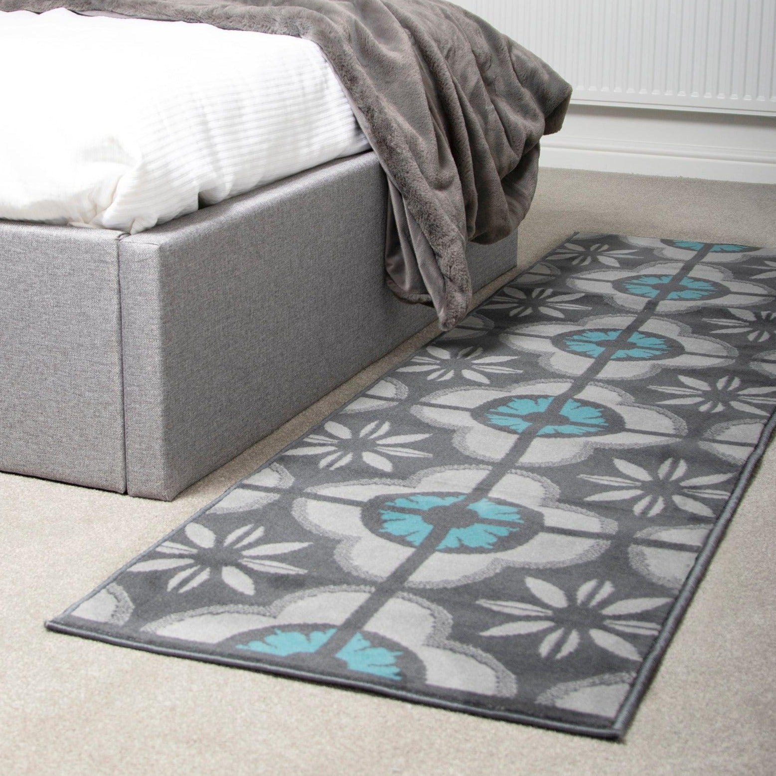 Hard Wearing Hessian Backed Stair Runner Kitchen Mat - Texas Blue & Grey Floral - Bargainia.com - 