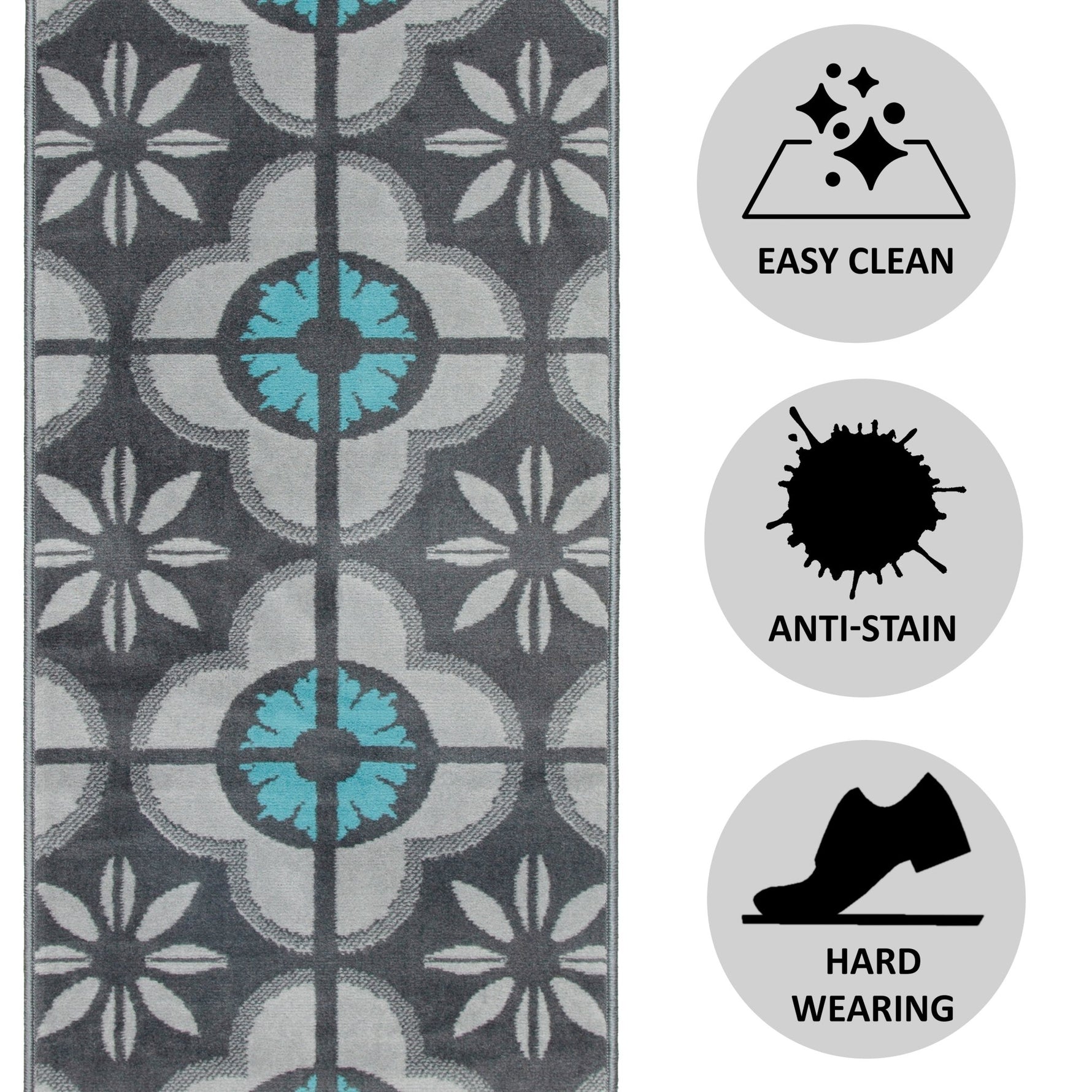 Hard Wearing Hessian Backed Stair Runner Kitchen Mat - Texas Blue & Grey Floral - Bargainia.com - 