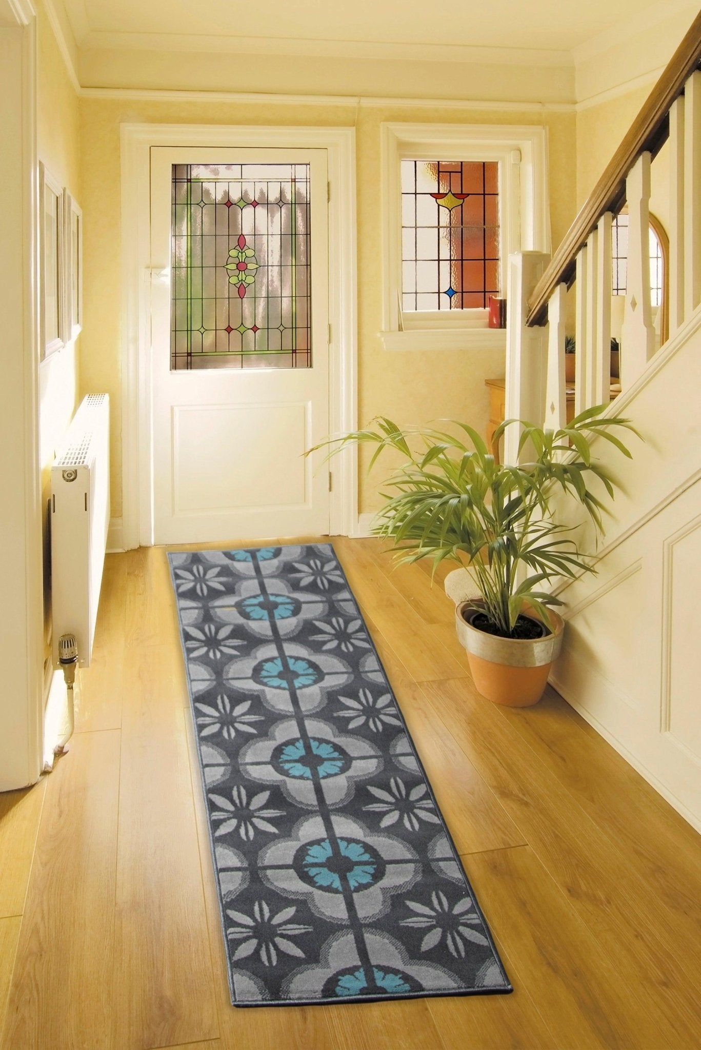 Hard Wearing Hessian Backed Stair Runner Kitchen Mat - Texas Blue & Grey Floral - Bargainia.com -  - RNR-TXS-2853-BS55-01FT-CST