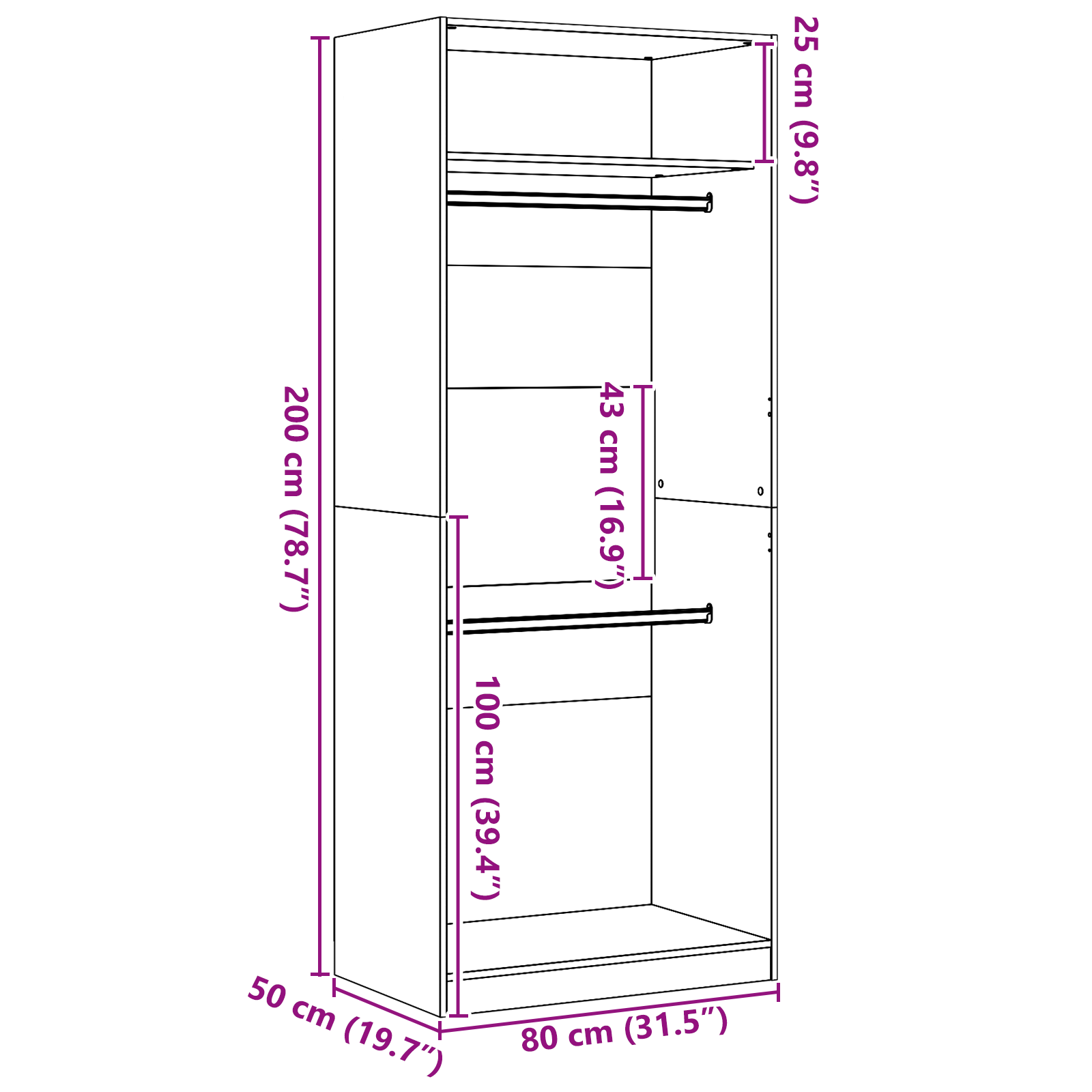 Black Oak Wardrobe - 80x50x200 cm, Made of Engineered Wood