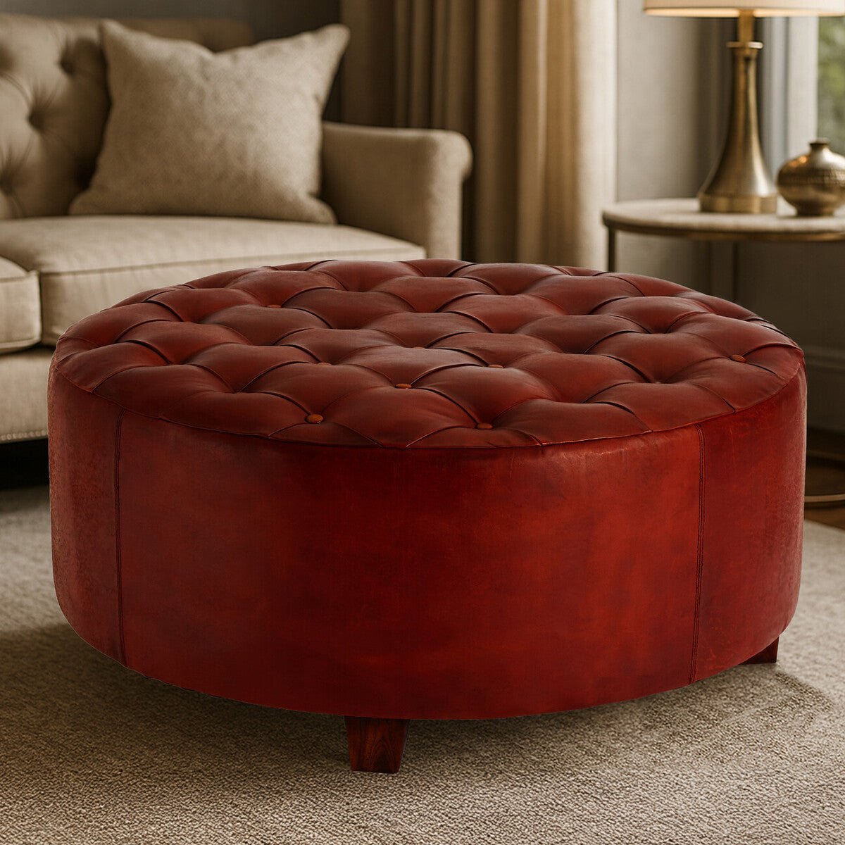 Inca Round Button Tufted Antique Brown Leather Large Stool - Bargainia.com - 5018705419077