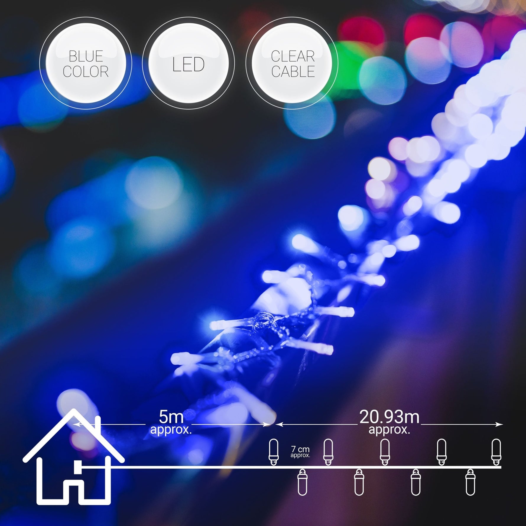 Indoor/Outdoor 8 Function LED Waterproof Fairy Lights with Clear Cable (300 Lights - 25M Cable) - Blue - Bargainia.com - 8800225808359