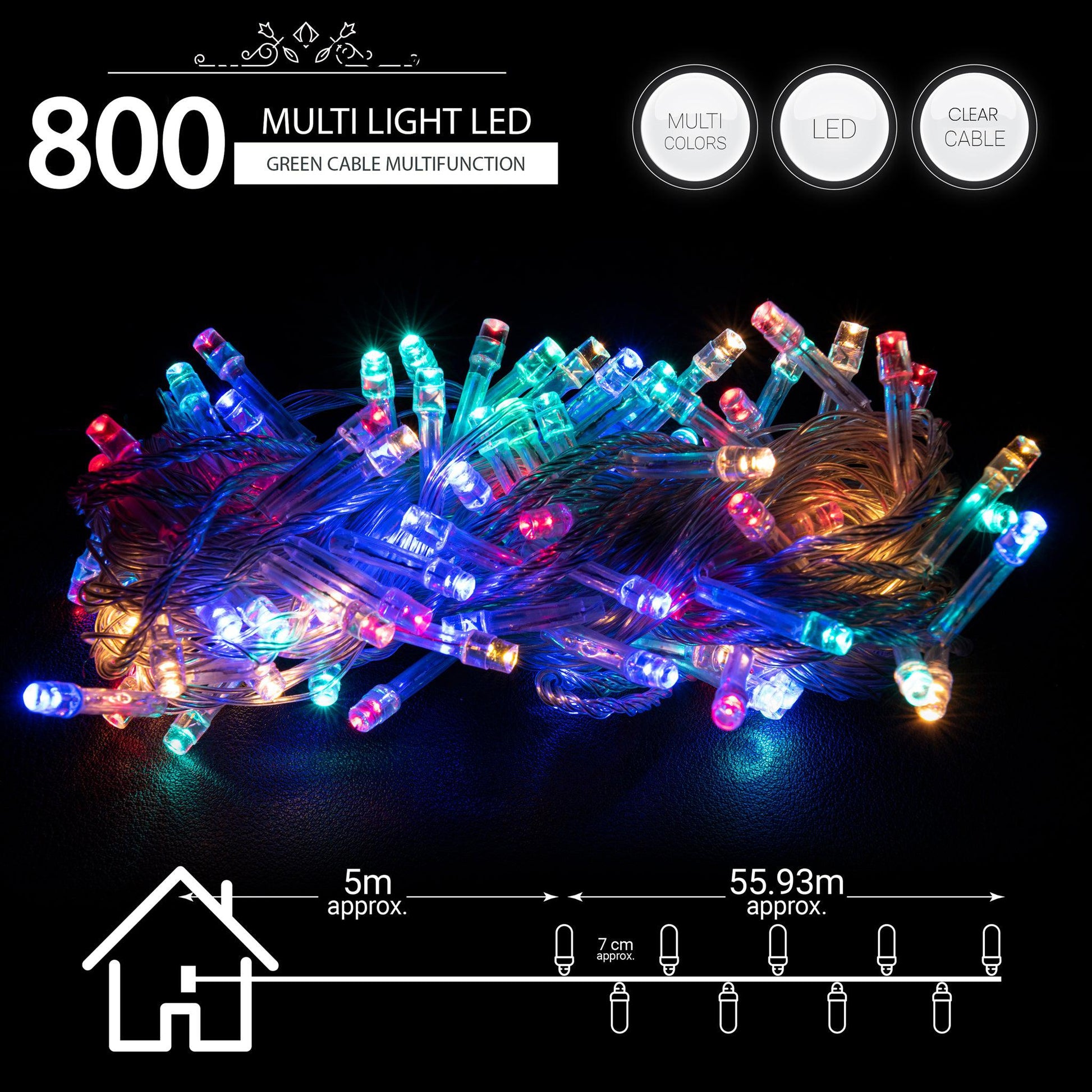Indoor/Outdoor 8 Function LED Waterproof Fairy Lights with Clear Cable (800 Lights - 60M Cable) - Multicoloured Lighting Bargainia
