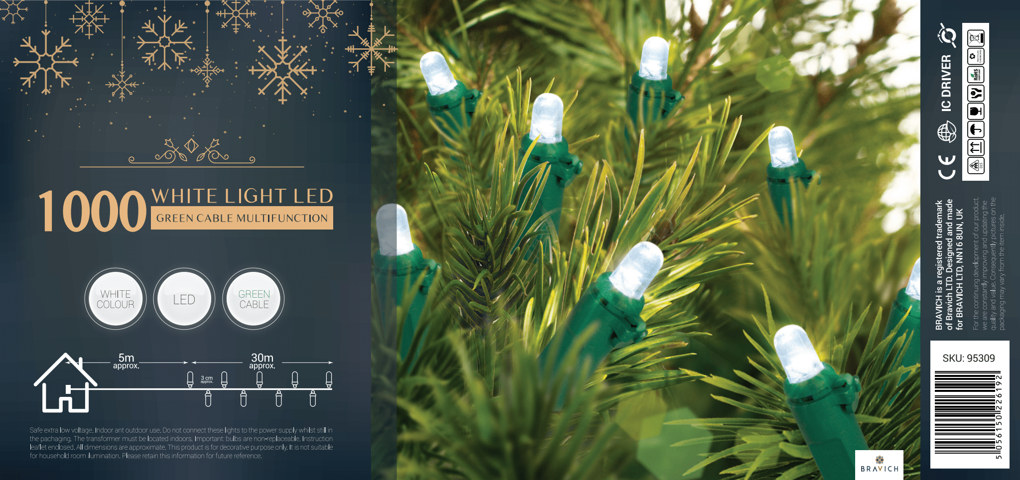 Indoor/Outdoor 8 Function LED Waterproof Fairy Lights with Green Cable (1000 Lights - 35M Cable) - White Bargainia