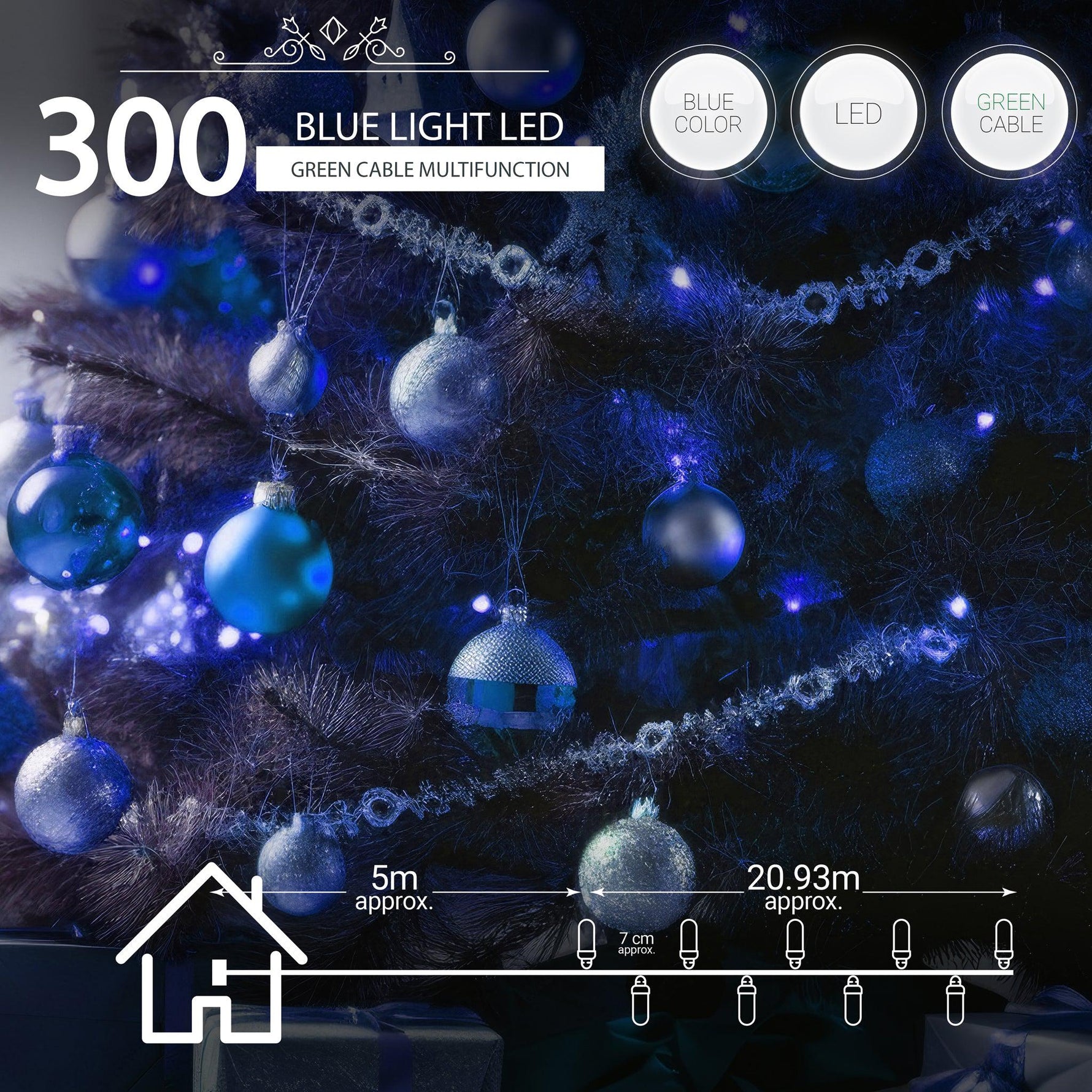 Indoor/Outdoor 8 Function LED Waterproof Fairy Lights with Green Cable (300 Lights - 25M Cable) - Blue - Bargainia.com - 