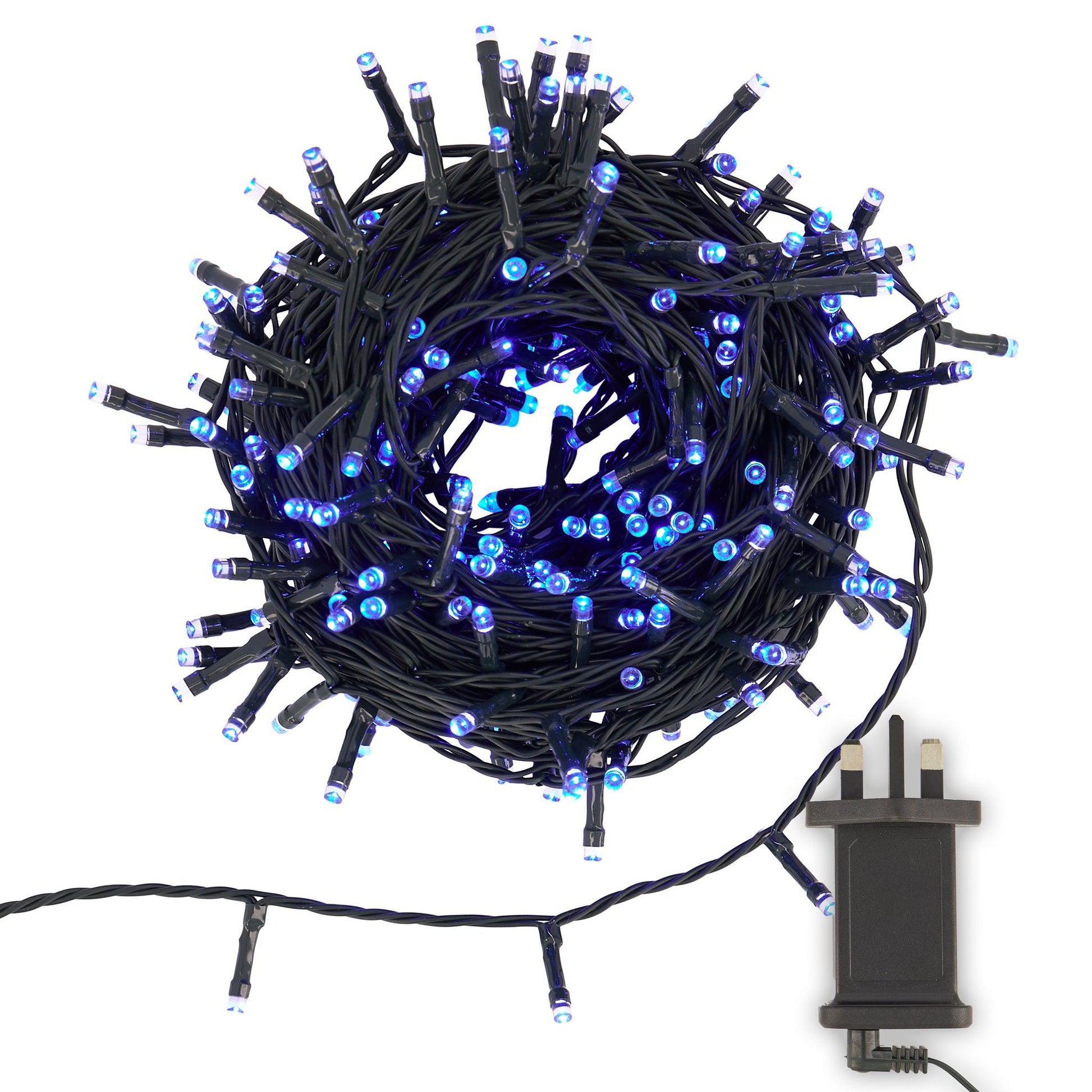 Indoor/Outdoor 8 Function LED Waterproof Fairy Lights with Green Cable (300 Lights - 25M Cable) - Blue Lighting Clearance