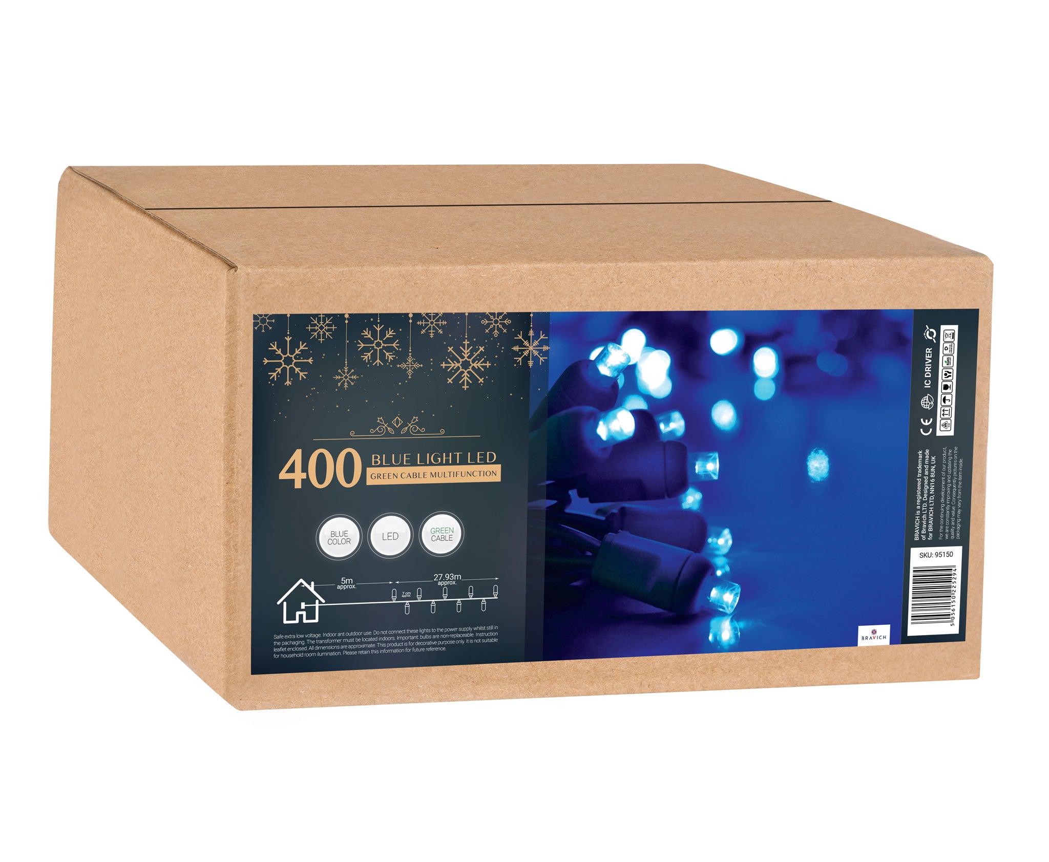 Indoor/Outdoor 8 Function LED Waterproof Fairy Lights with Green Cable (400 Lights - 32M Cable) - Blue Lights Lighting Bargainia