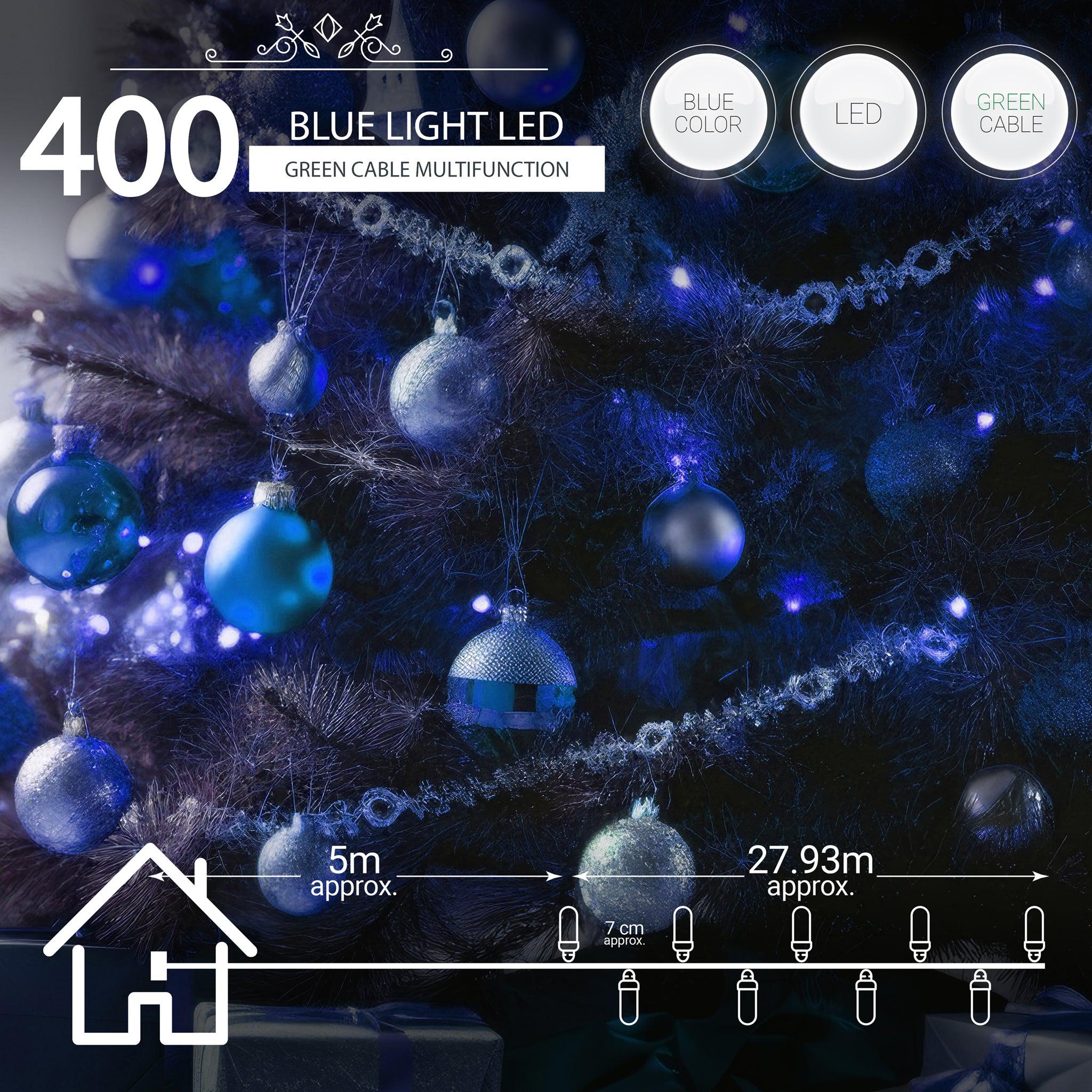 Indoor/Outdoor 8 Function LED Waterproof Fairy Lights with Green Cable (400 Lights - 32M Cable) - Blue Lights Lighting Bargainia