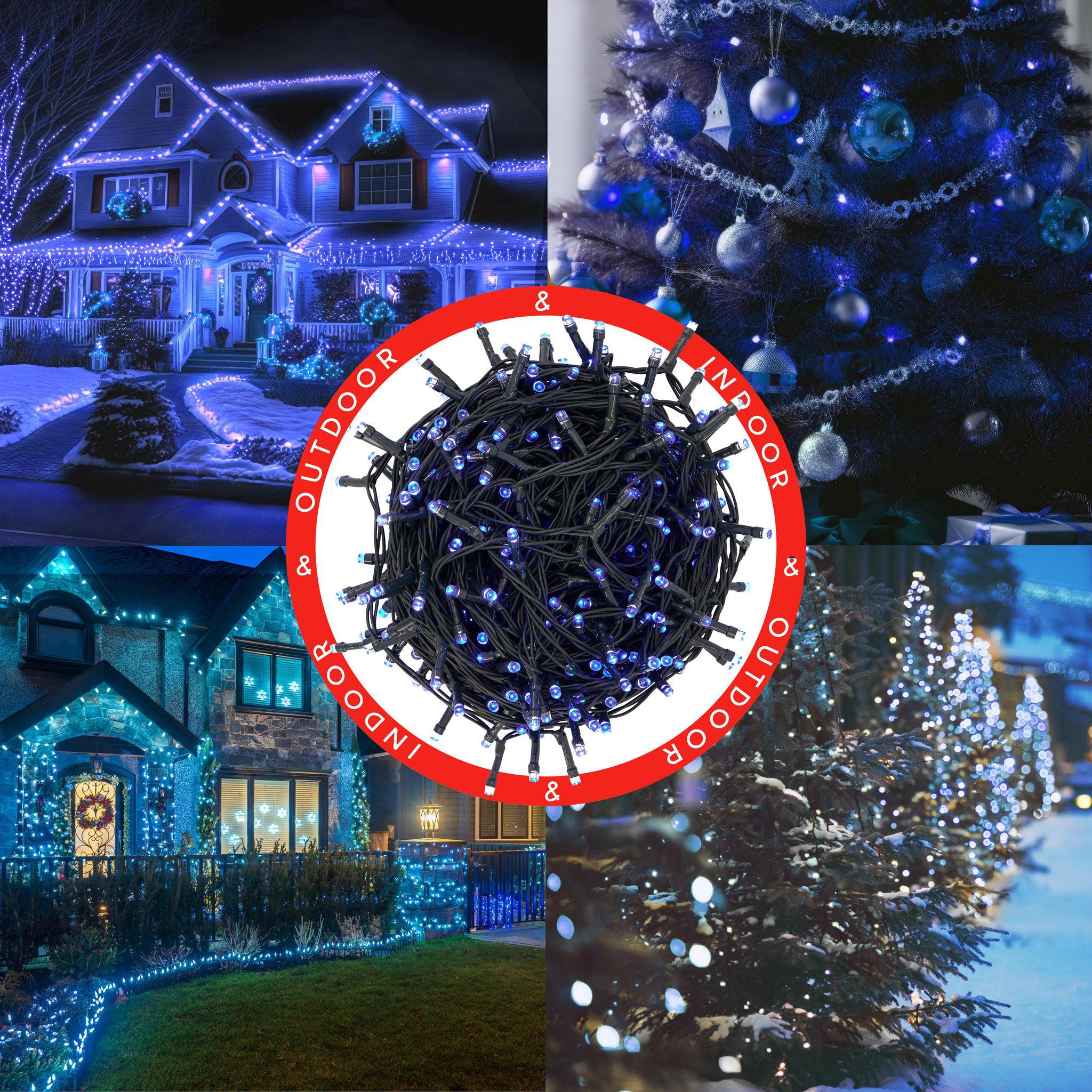 Indoor/Outdoor 8 Function LED Waterproof Fairy Lights with Green Cable (400 Lights - 32M Cable) - Blue Lights Lighting Bargainia