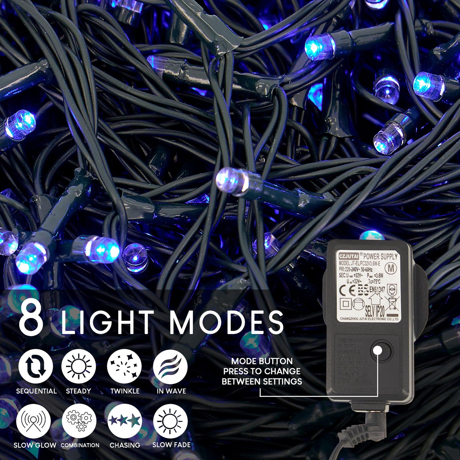 Indoor/Outdoor 8 Function LED Waterproof Fairy Lights with Green Cable (400 Lights - 32M Cable) - Blue Lights Lighting Bargainia