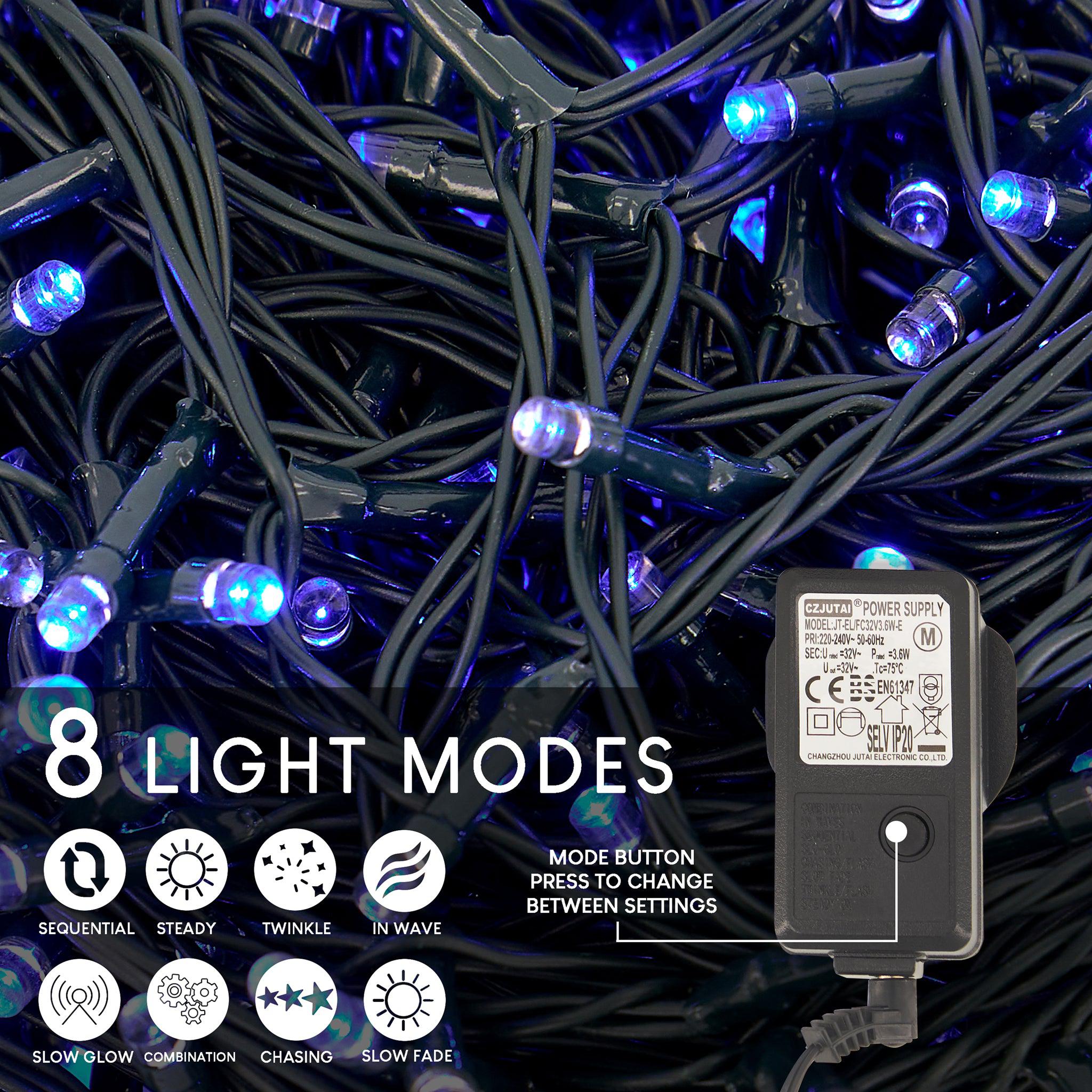 Indoor/Outdoor 8 Function LED Waterproof Fairy Lights with Green Cable (400 Lights - 32M Cable) - Blue Lights Lighting Bargainia