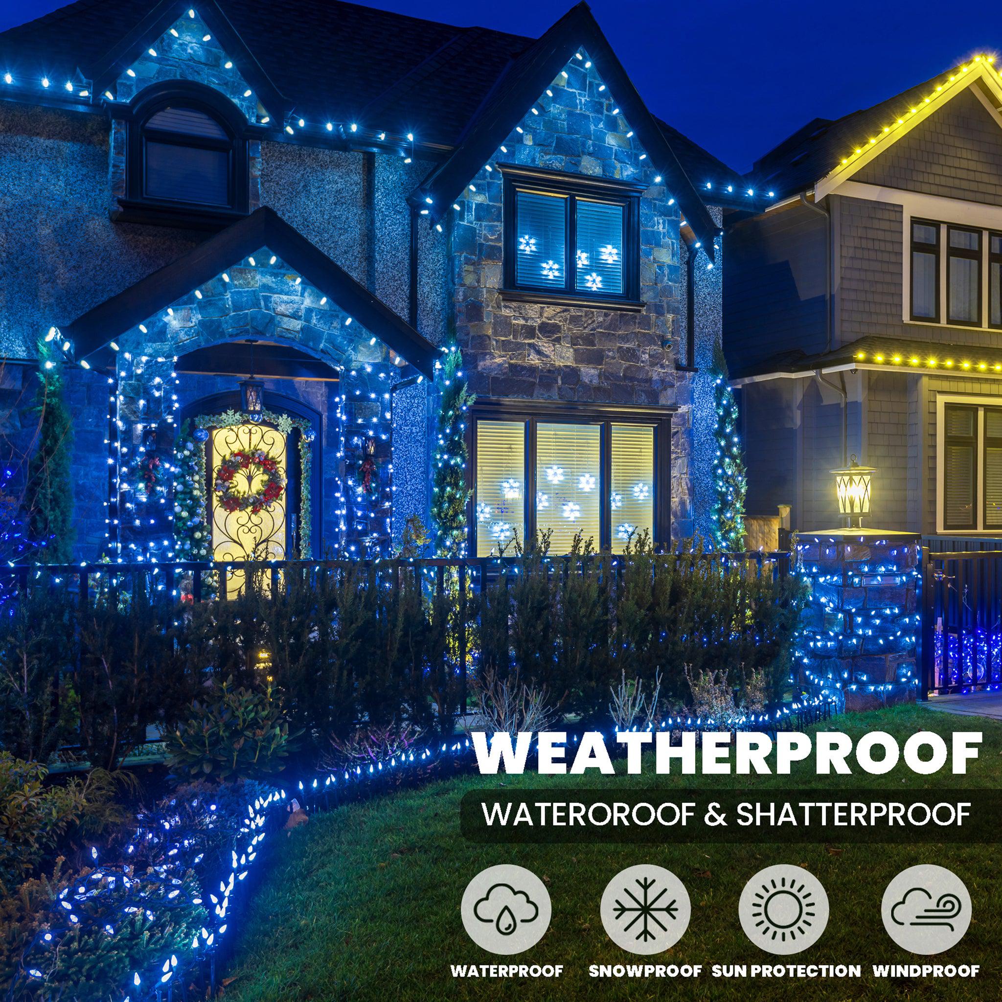 Indoor/Outdoor 8 Function LED Waterproof Fairy Lights with Green Cable (400 Lights - 32M Cable) - Blue Lights Lighting Bargainia