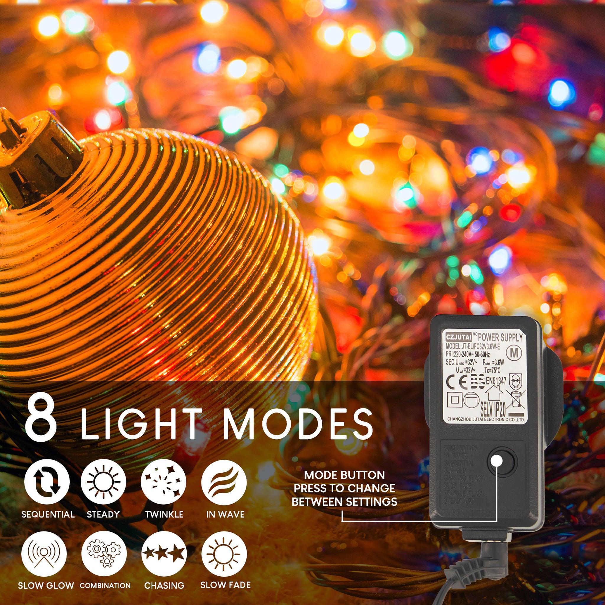 Indoor/Outdoor 8 Function LED Waterproof Fairy Lights with Green Cable (400 Lights - 32M Cable) - Multicoloured Lights Lighting Bargainia