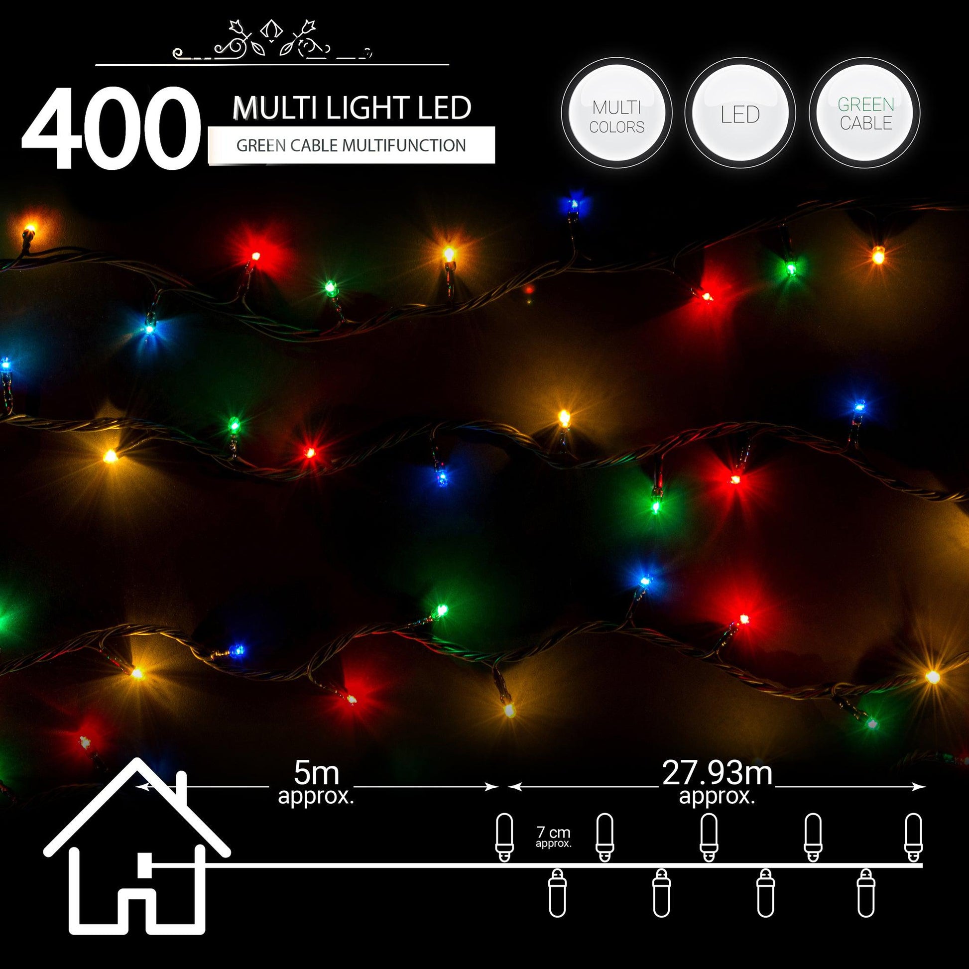Indoor/Outdoor 8 Function LED Waterproof Fairy Lights with Green Cable (400 Lights - 32M Cable) - Multicoloured Lights Lighting Bargainia