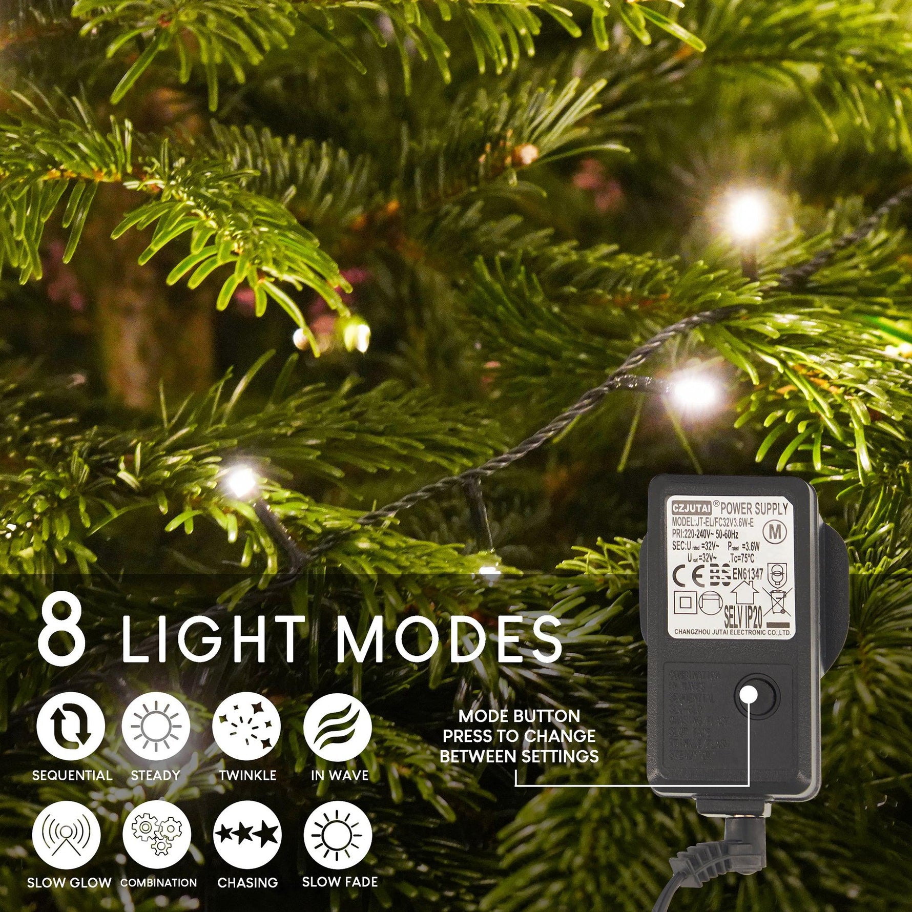 Indoor/Outdoor 8 Function LED Waterproof Fairy Lights with Green Cable (400 Lights - 32M Cable ) - Warm White Lights - Bargainia.com - 