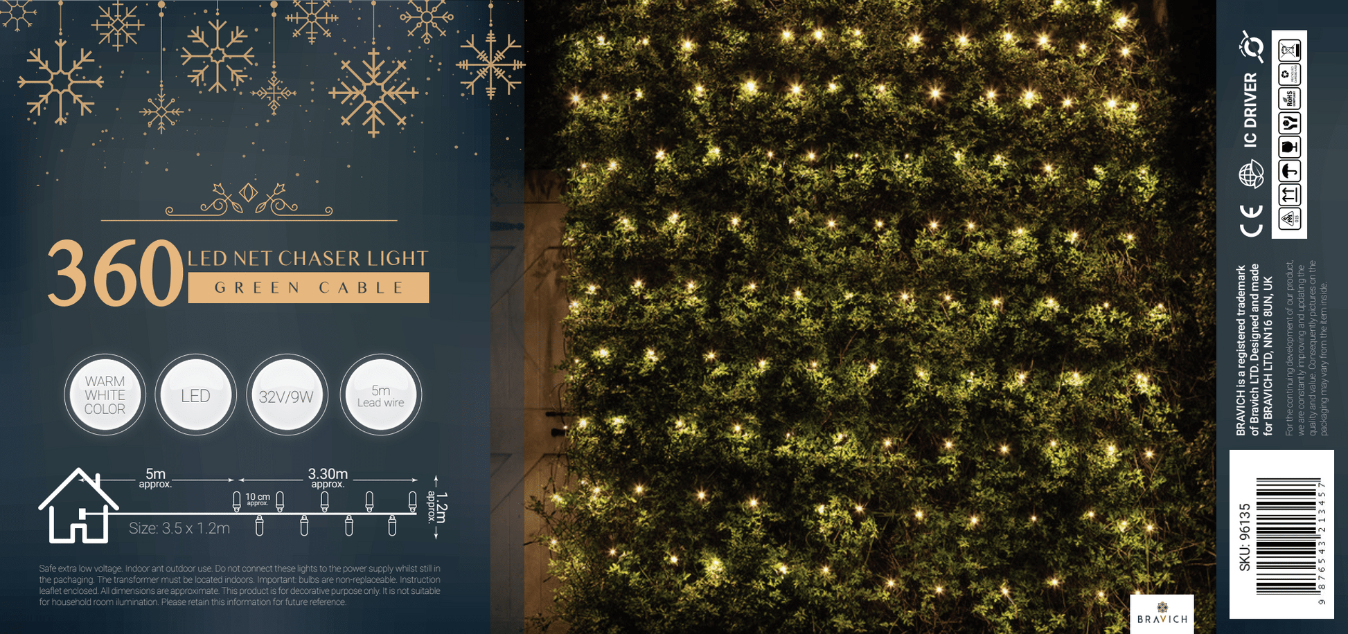 Indoor/Outdoor 8 Function LED Window Net Lights with Green Cable (360 Lights - 1.2M x 3.5M) - Warm White Lights Lighting Bargainia