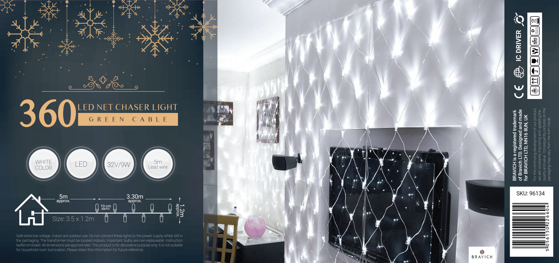 Indoor/Outdoor 8 Function LED Window Net Lights with Green Cable (360 Lights - 1.2M x 3.5M) - White Lights - Bargainia.com - 