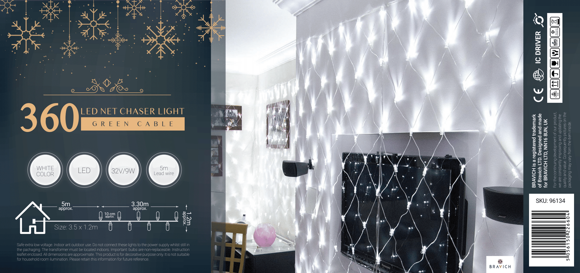 Indoor/Outdoor 8 Function LED Window Net Lights with Green Cable (360 Lights - 1.2M x 3.5M) - White Lights Lighting Bargainia