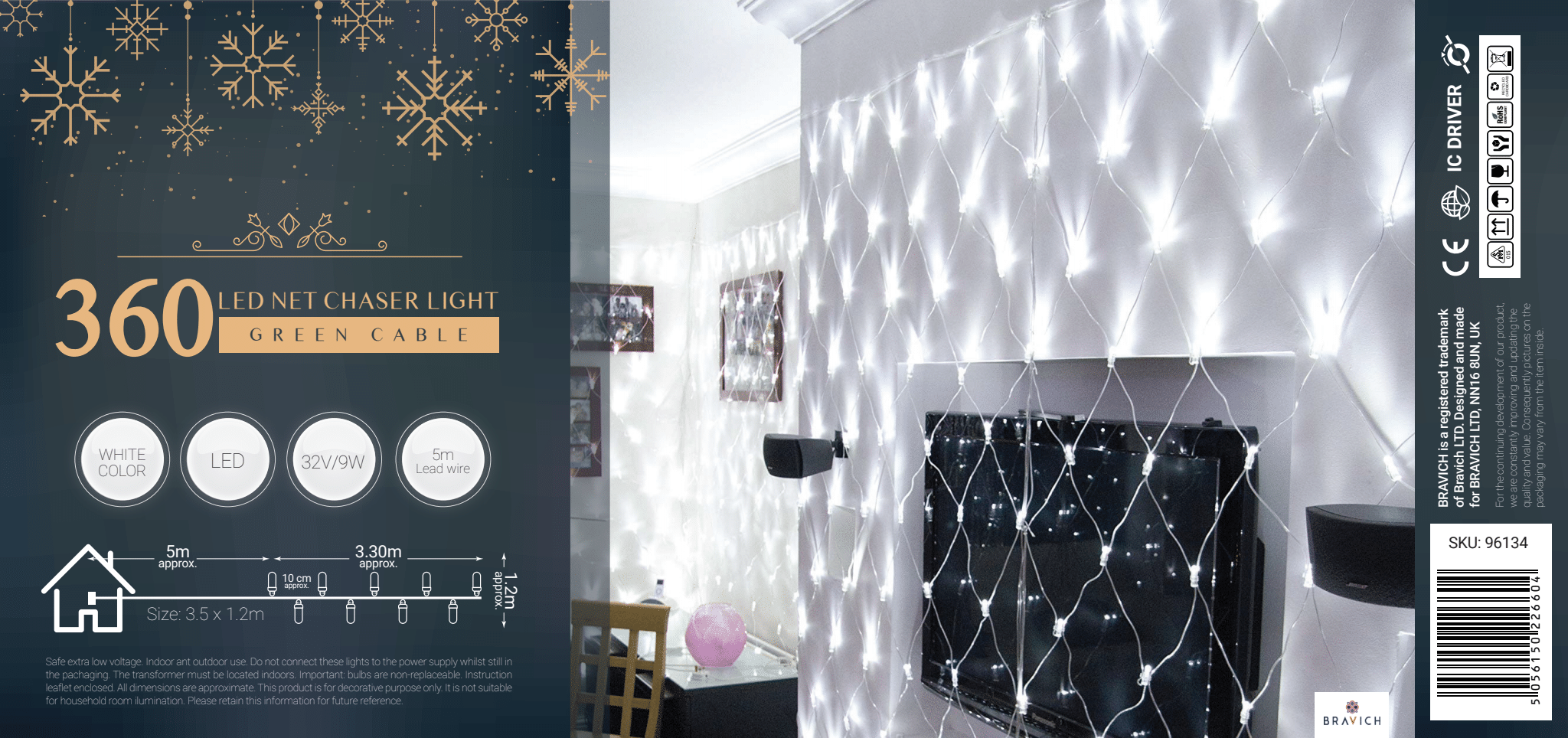 Indoor/Outdoor 8 Function LED Window Net Lights with Green Cable (360 Lights - 1.2M x 3.5M) - White Lights Lighting Bargainia