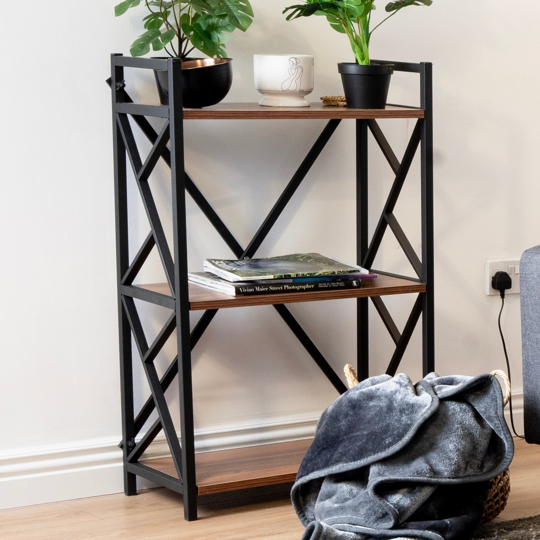 Industrial Style 3-Tier Bookshelf - Walnut & Black Metal Clearance