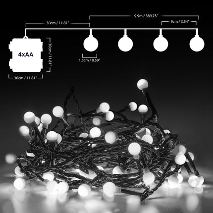 LED Berry Bulbs Battery Operated 8 Function (100 Lights) - White Lights