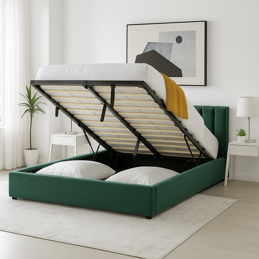 Jade Green Velvet Plush Ottoman Storage Bed Frame - Double - Bargainia.com - 5056536100160 - MLM - 170955 - D - DGN