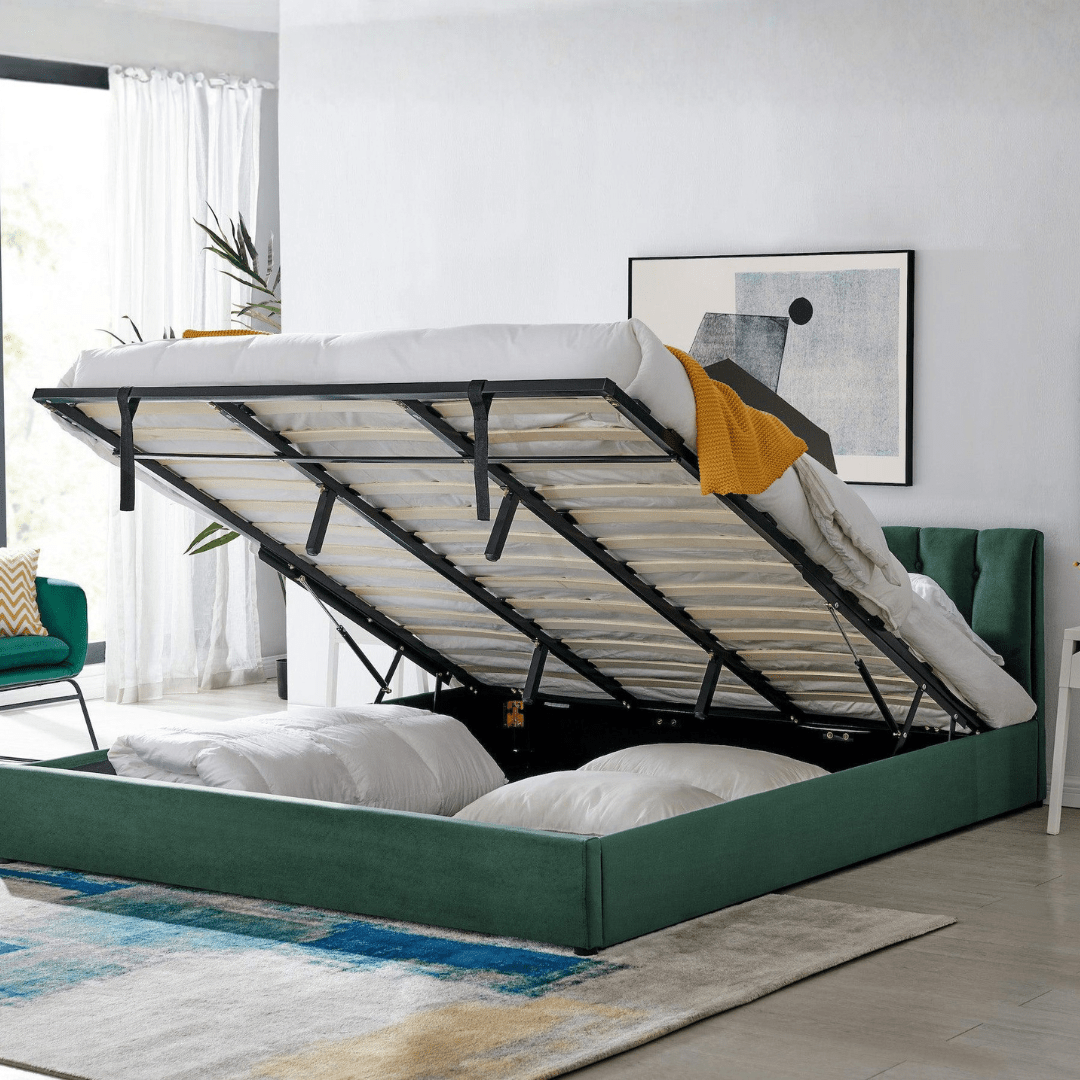 Jade Green Velvet Plush Ottoman Storage Bed Frame - Super King - Bargainia.com - 