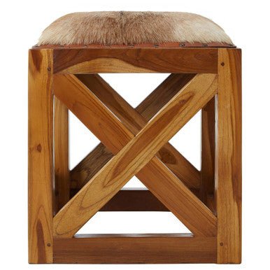 Kendari Hair on Leather and Teak Wood Square Stool - Bargainia.com - 5018705456294