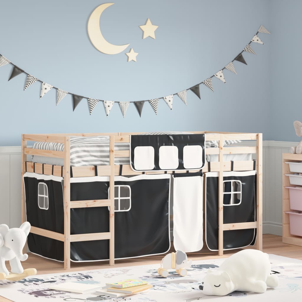 Kids' Loft Bed with Curtains without Mattress White&Black 80x200cm - Bargainia.com - 8721012222120 - 3206955