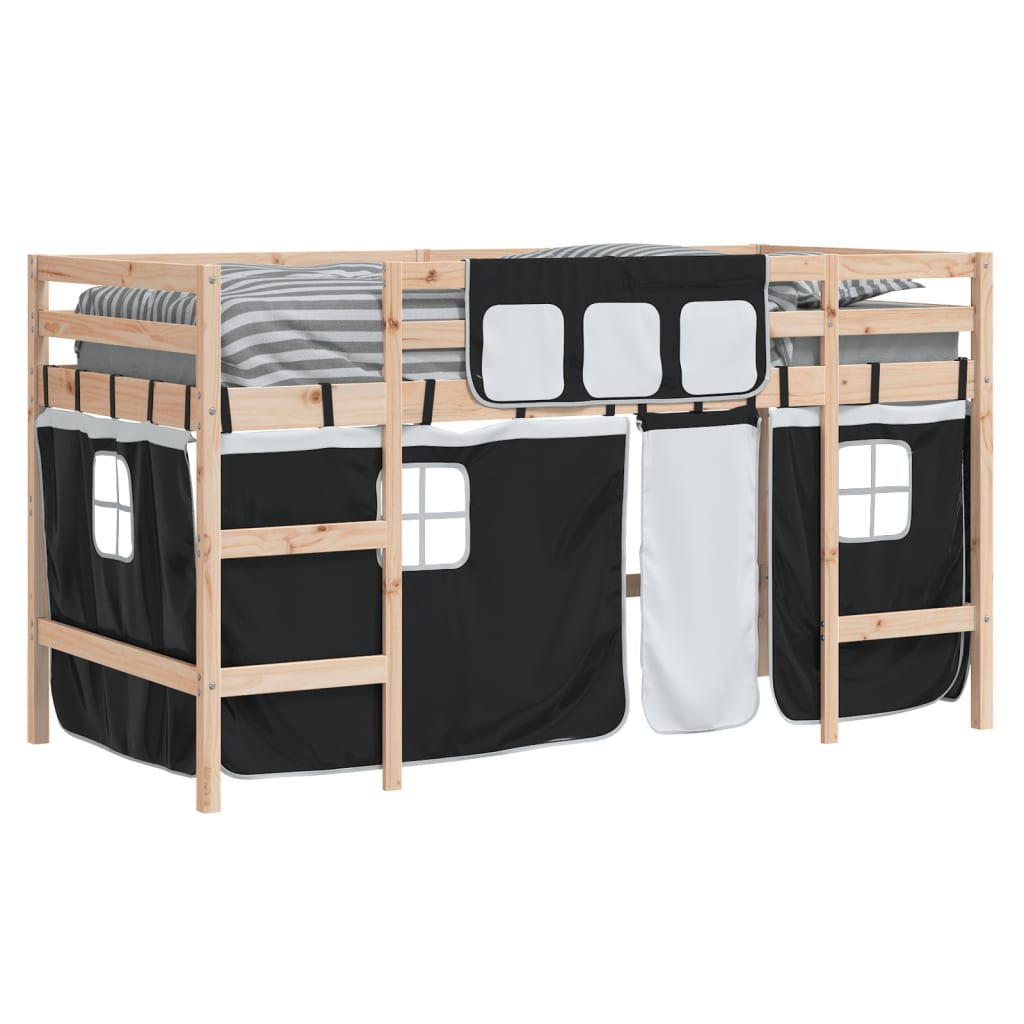 Kids' Loft Bed with Curtains without Mattress White&Black 80x200cm - Bargainia.com - 8721012222120 - 3206955
