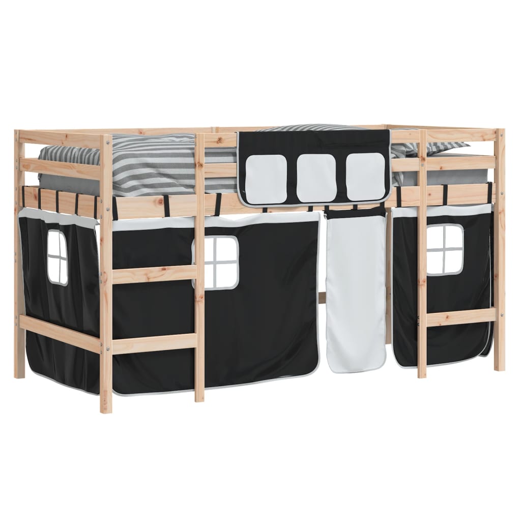 Kids' Loft Bed with Curtains without Mattress White&Black 90x200cm - Bargainia.com - 8721012222212 - 3206964