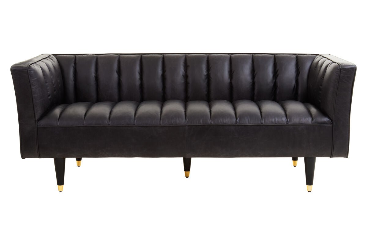 King Three Seater Black Leather Sofa With Flared Arms - Bargainia.com - 