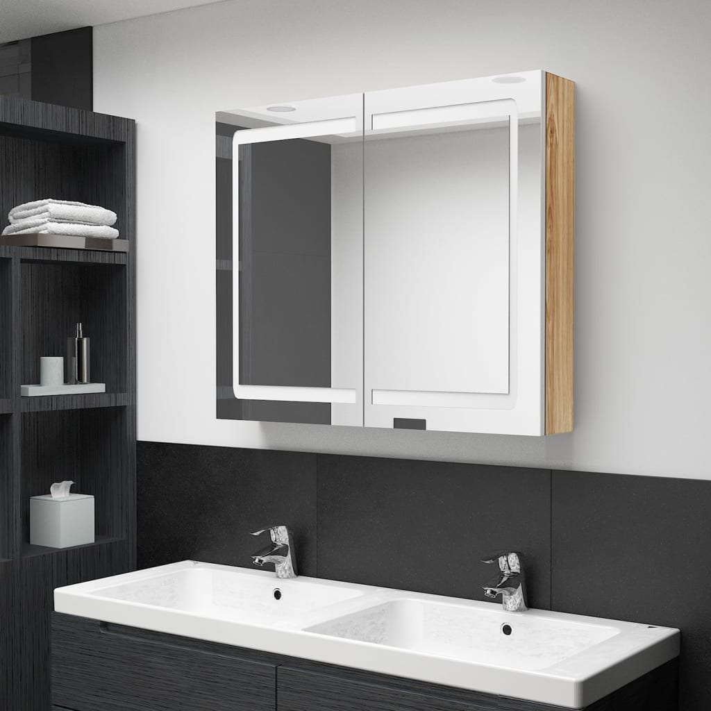 LED Bathroom Mirror Cabinet White and Oak 80x12x68 cm - Bargainia.com - 8720286332795 - 326516