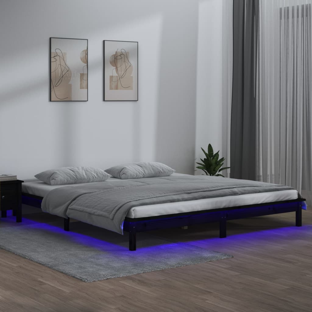 LED Bed Frame without Mattress Black 120x190 cm Small Double Solid Wood - Bargainia.com - 
