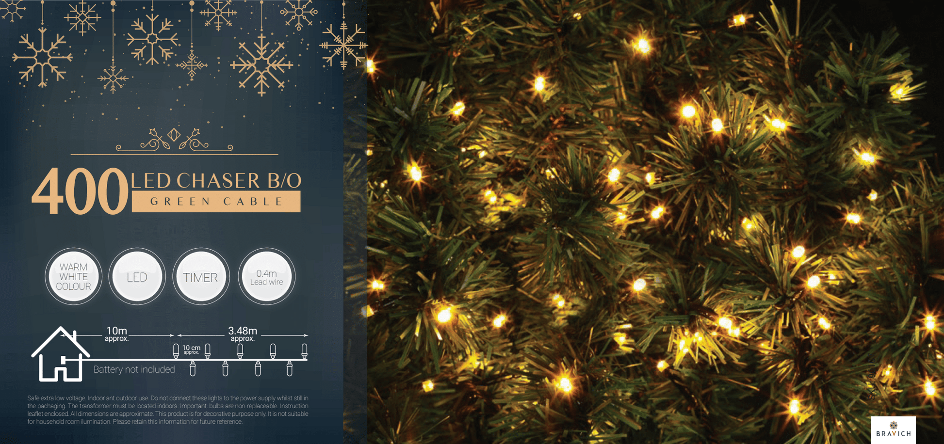 LED Fairy Lights Indoor Battery Operated 8 Function with Green Cable (400 Lights ) - Warm White Lights Lighting Bargainia