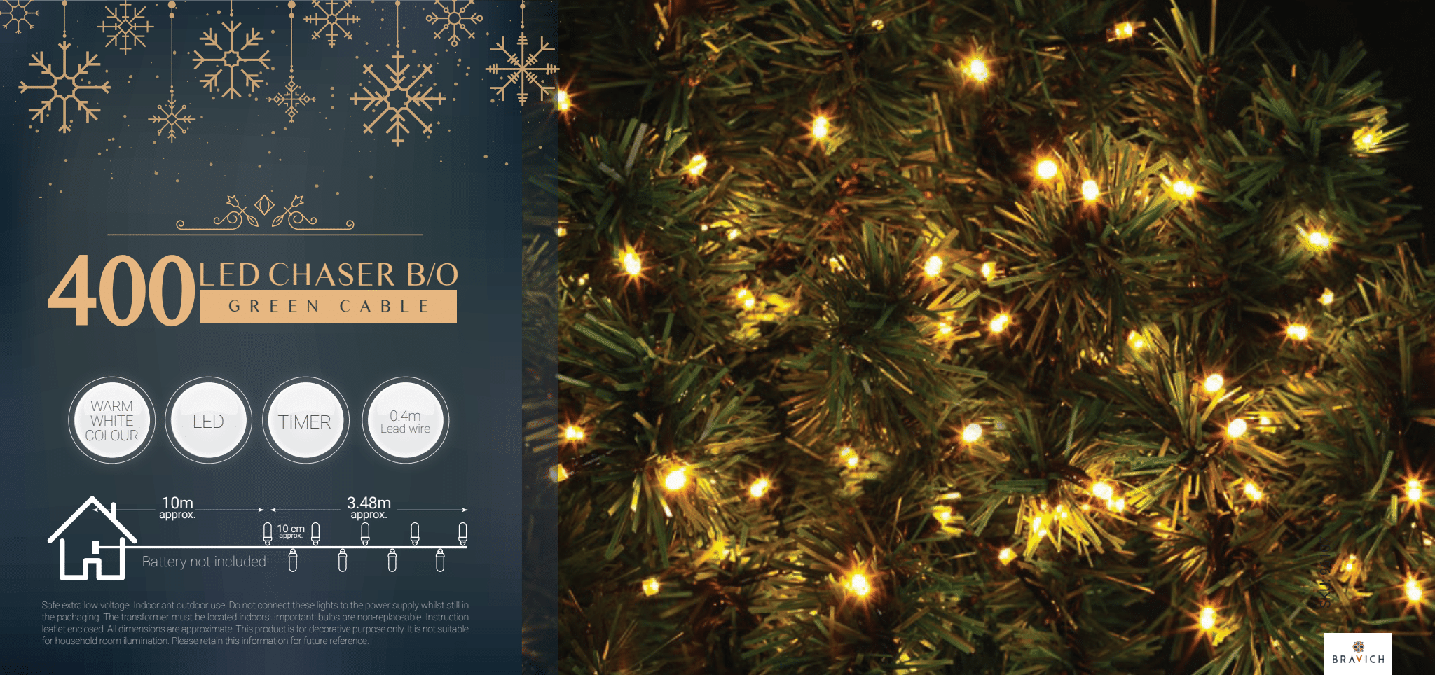 LED Fairy Lights Indoor Battery Operated 8 Function with Green Cable (400 Lights ) - Warm White Lights Lighting Bargainia