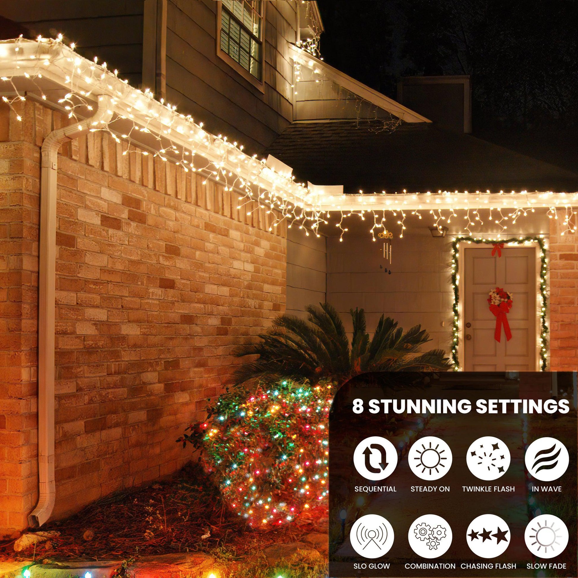LED Indoor & Outdoor Snowing Icicle Chaser Lights with White Cable (960 Lights) - Warm White Lights Lighting Bargainia