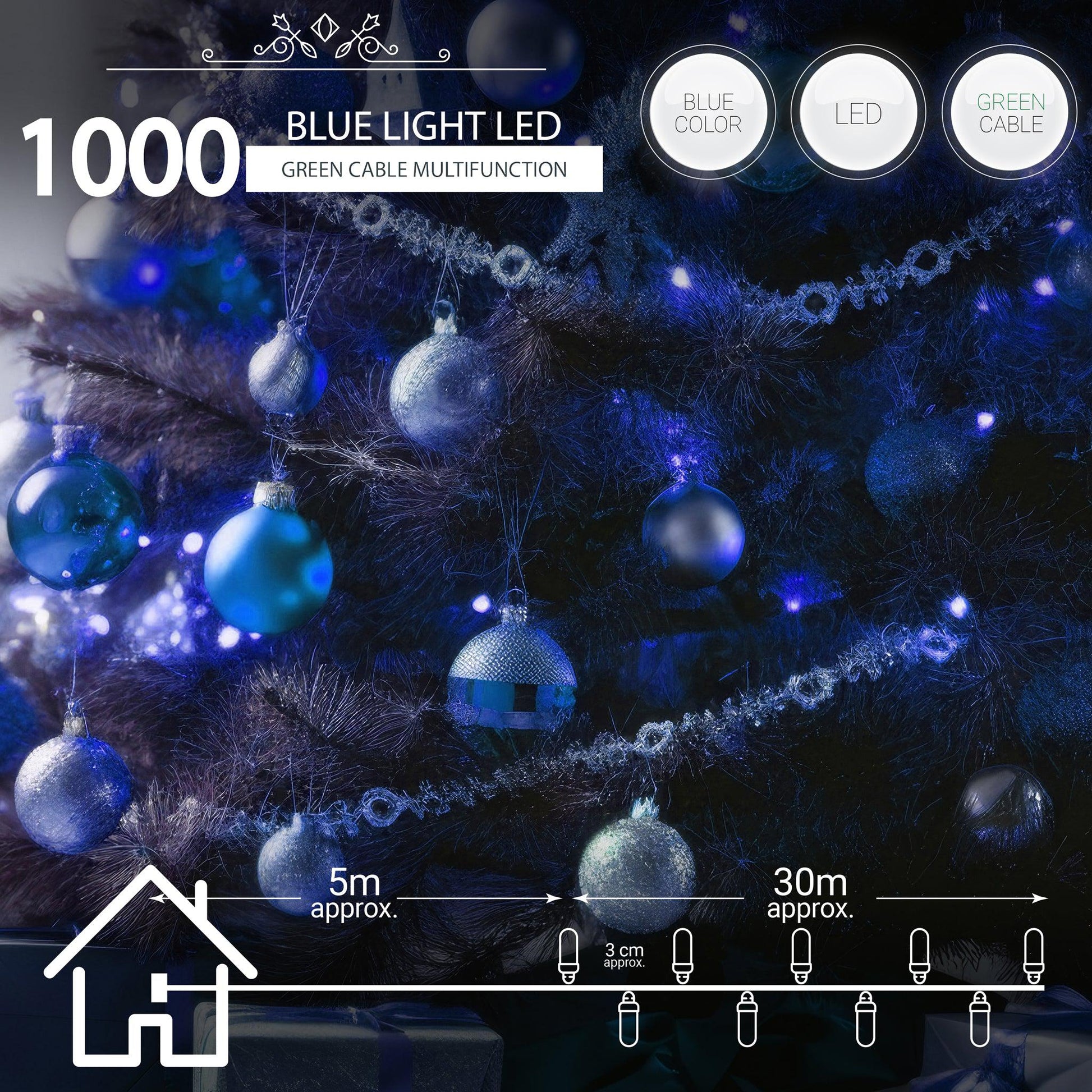 LED Waterproof Fairy Lights 8 Function with Green Cable (1000 Lights - 35M Cable) - Blue Lights Lighting Bargainia