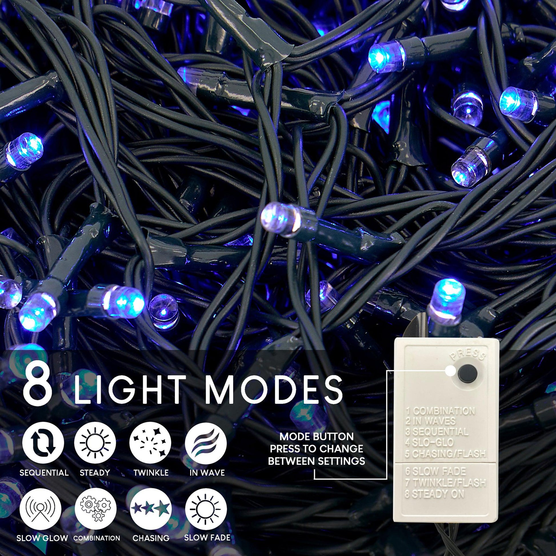LED Waterproof Fairy Lights 8 Function with Green Cable (1000 Lights - 35M Cable) - Blue Lights Lighting Bargainia