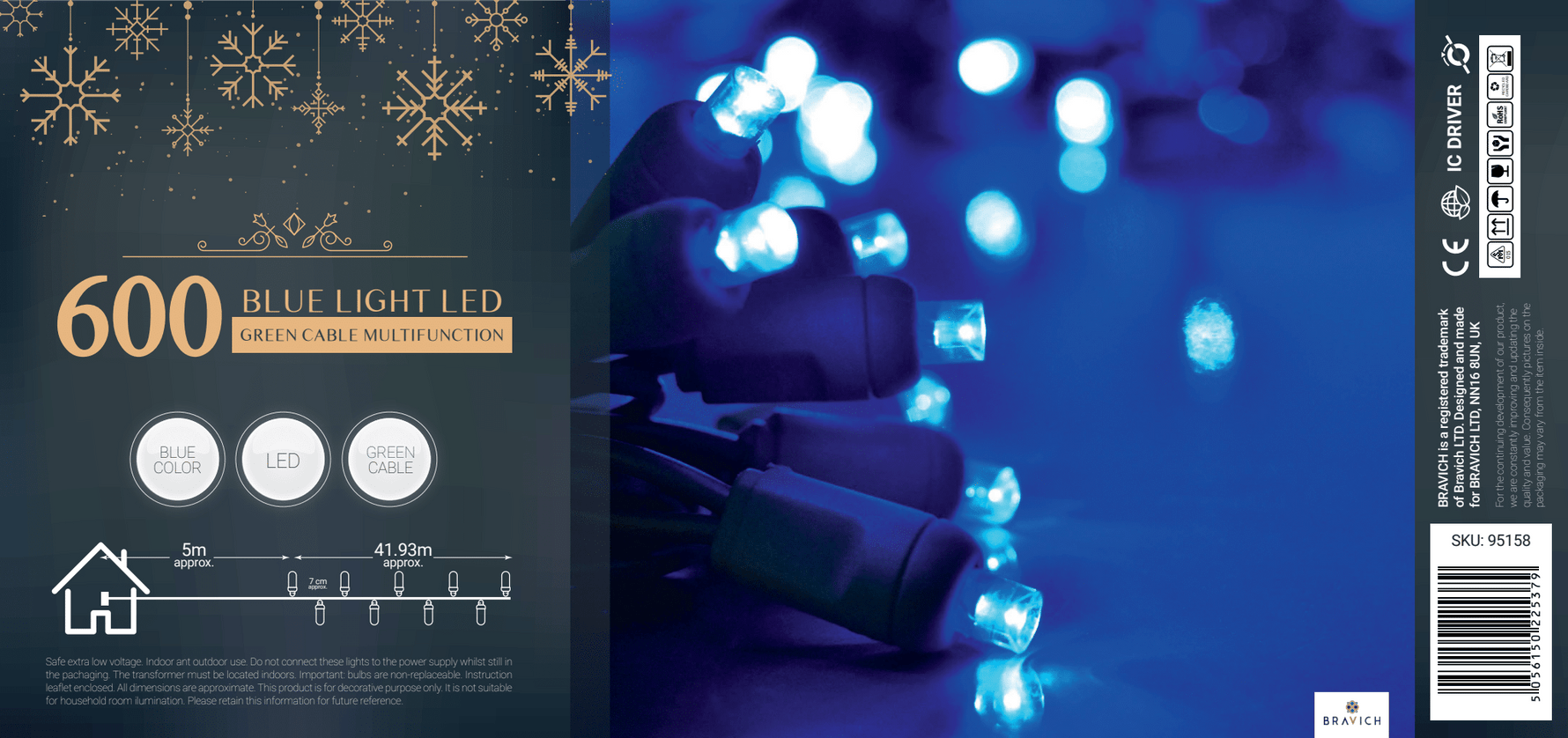LED Waterproof Fairy Lights 8 Function with Green Cable (600 Lights - 46M Cable) - Blue - Bargainia.com - 