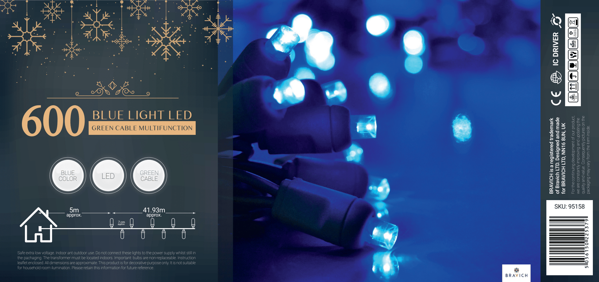 LED Waterproof Fairy Lights 8 Function with Green Cable (600 Lights - 46M Cable) - Blue Lighting Bargainia