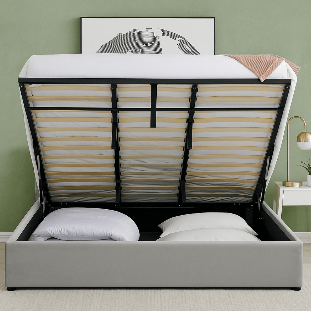 Light Grey Velvet Plush Ottoman Storage Bed Frame - Double - Bargainia.com - 5056536100221 - MLM - 170955 - D - LGY