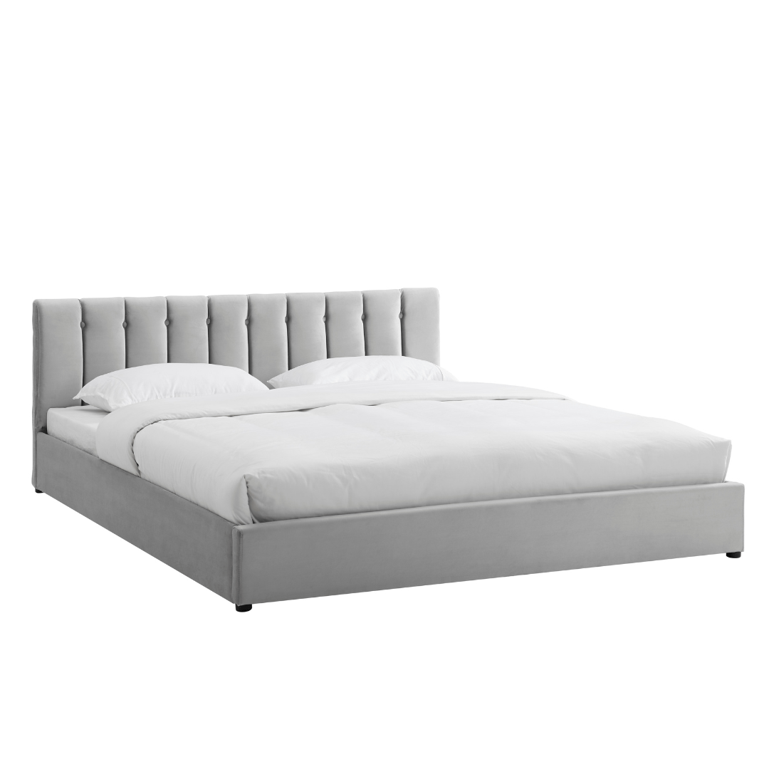 Light Grey Velvet Plush Ottoman Storage Bed Frame - Super King - Bargainia.com - 