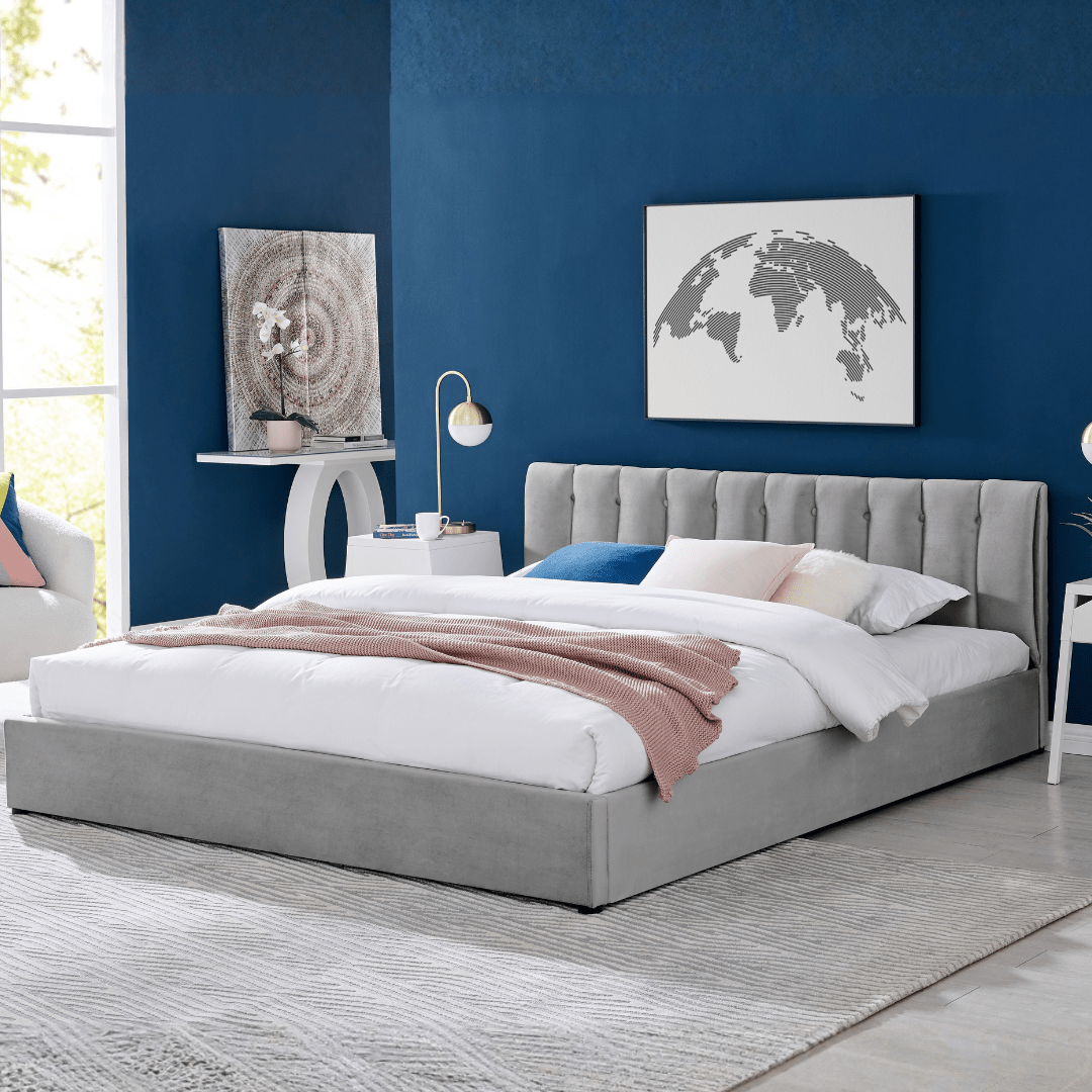 Light Grey Velvet Plush Ottoman Storage Bed Frame - Super King - Bargainia.com - 