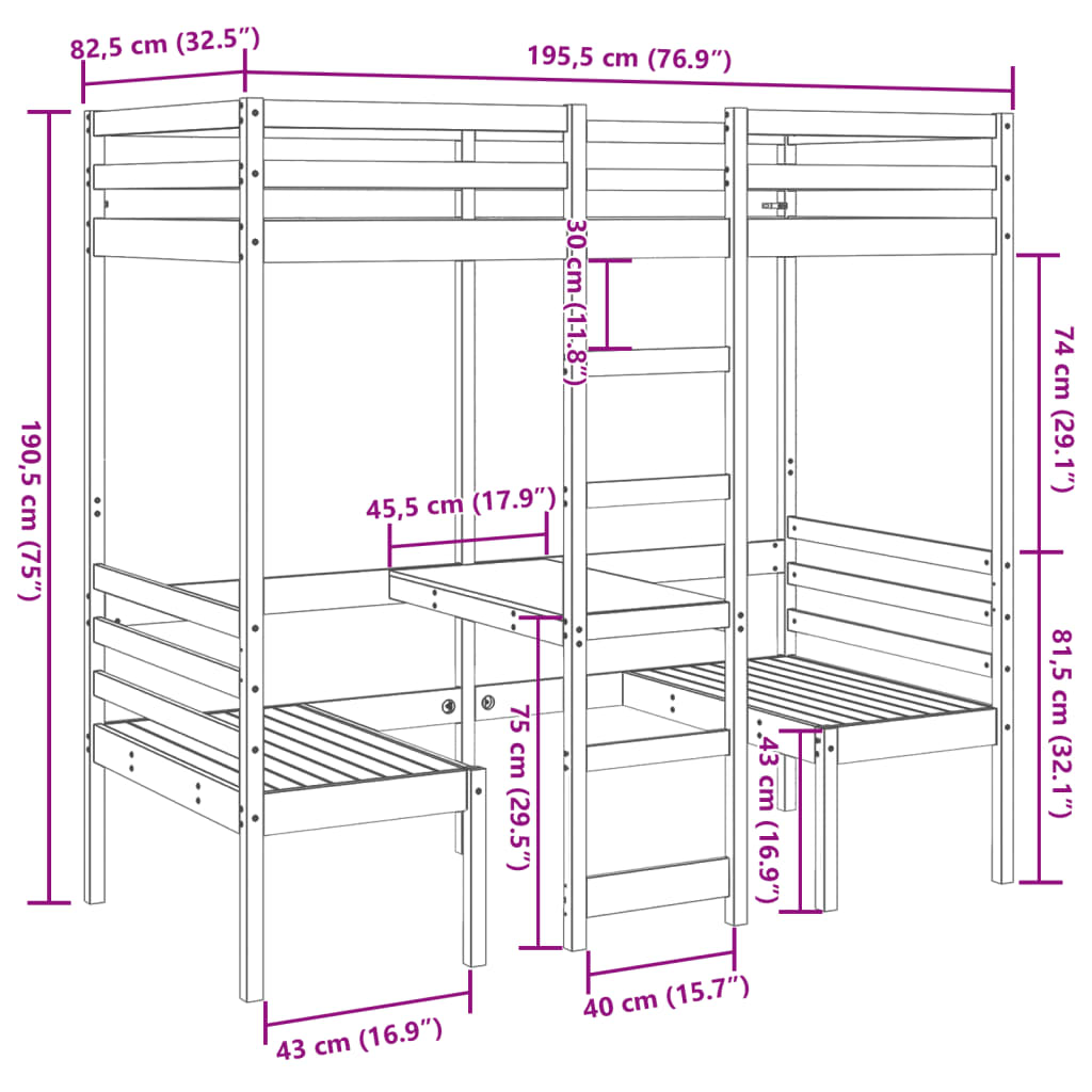 Loft Bed Frame with Desk and Chairs 75x190cm Solid Wood Pine - Bargainia.com - 8721158373229 - 3308562
