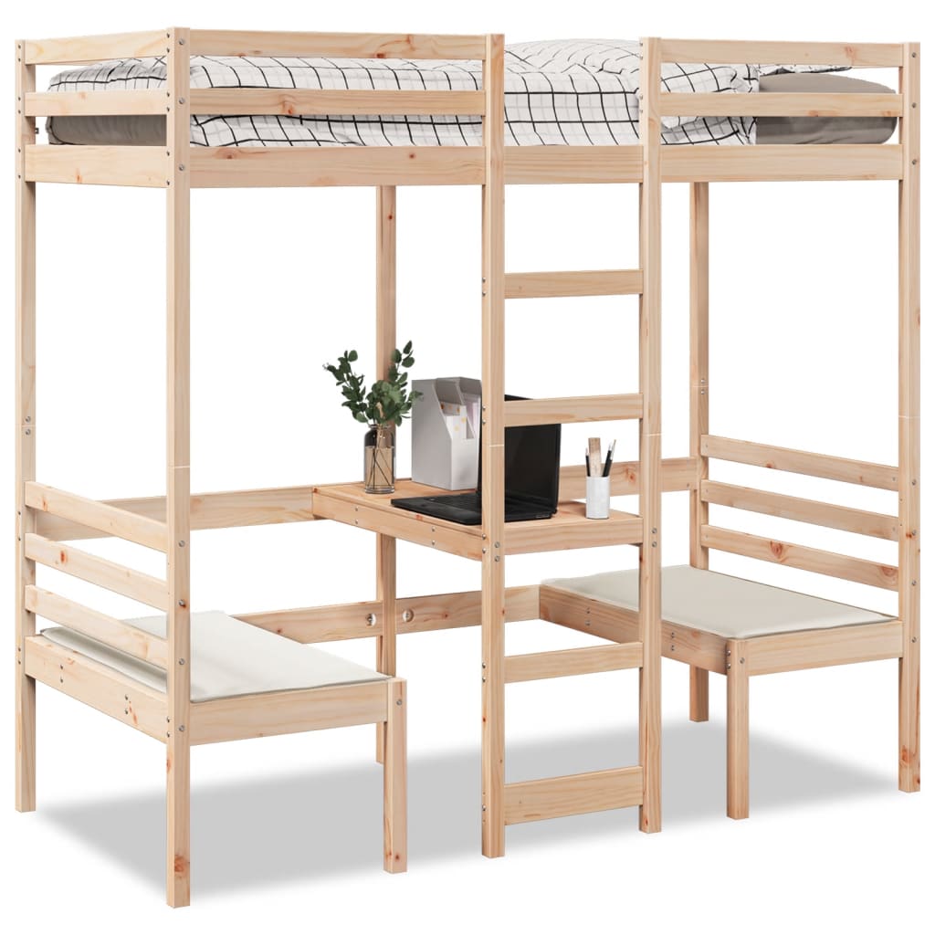 Loft Bed Frame with Desk and Chairs 75x190cm Solid Wood Pine - Bargainia.com - 8721158373229 - 3308562