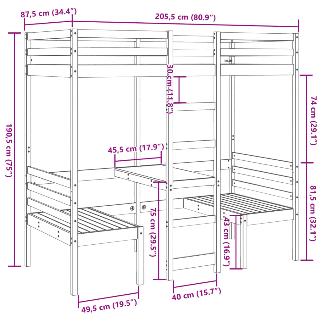 Loft Bed Frame with Desk and Chairs 80x200cm Solid Wood Pine - Bargainia.com - 8721158373168 - 3308556
